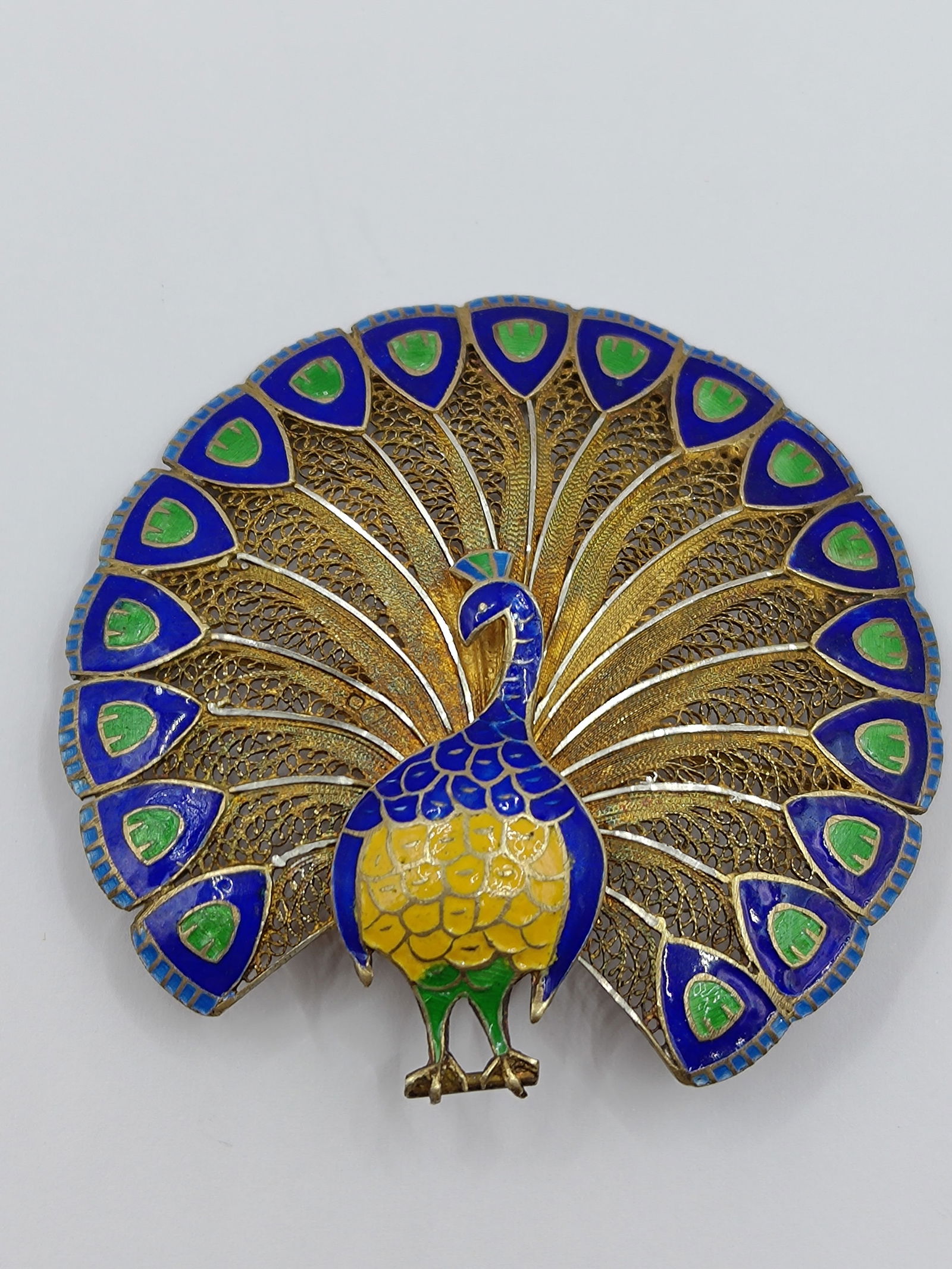 Vintage Sterling Silver Filigree Enameled Peacock Brooch (1 of 5)