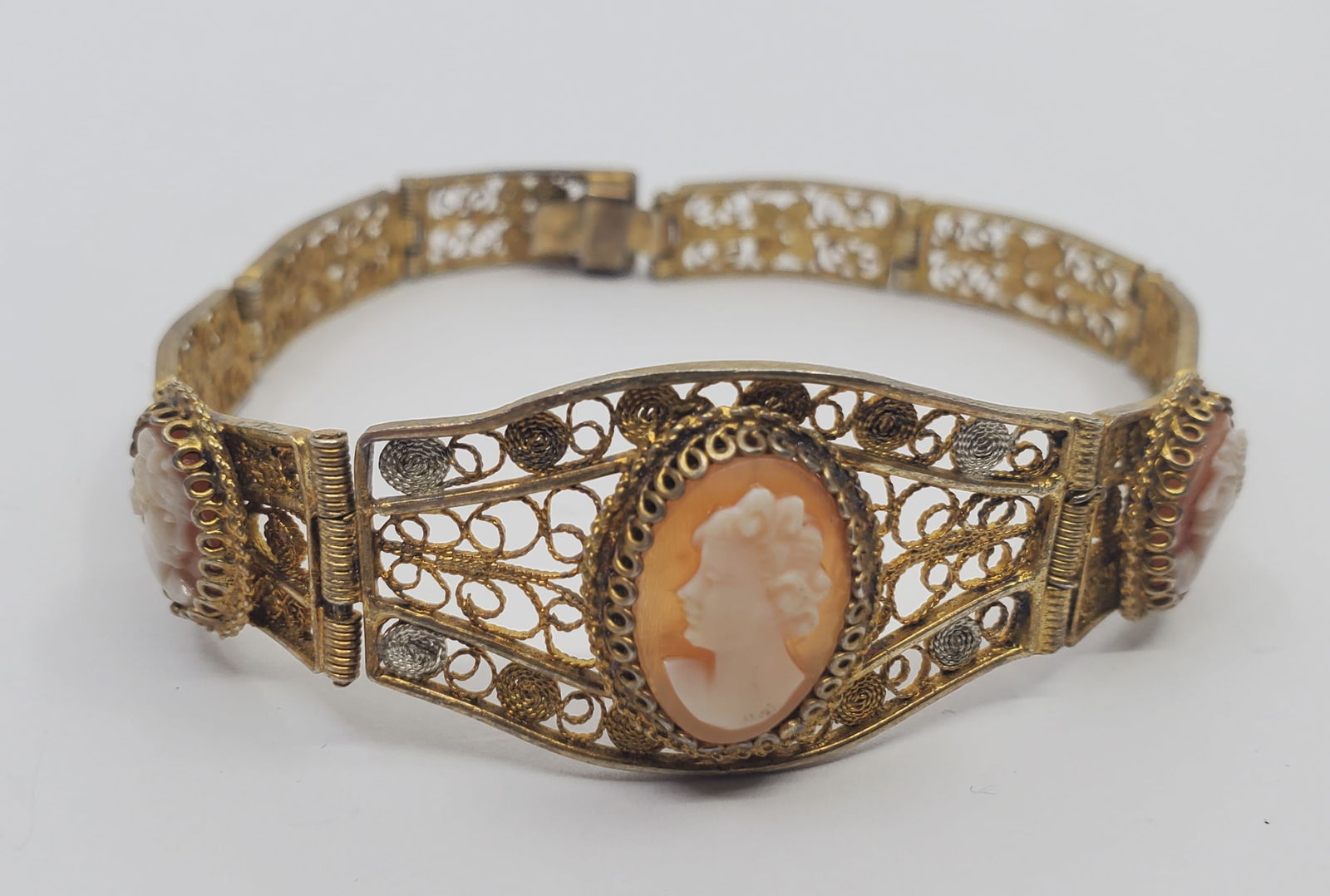 Antique .800 Silver Filigree Gold Plated Cameo Bracelet (1 of 9)