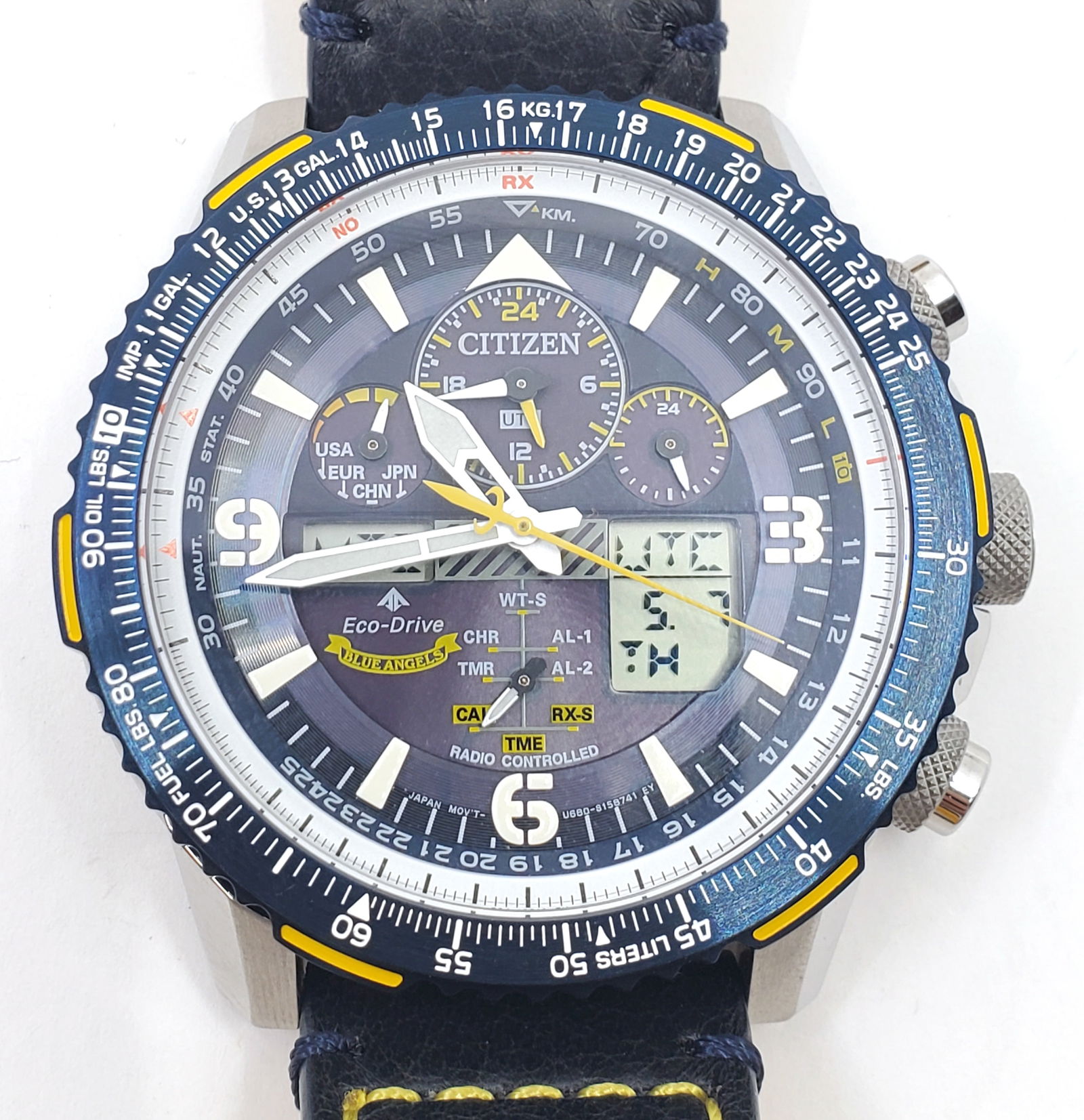 Citizen Skyhawk Eco-Drive Blue Angels AT: Citizen Skyhawk Eco Drive Blue Angels AT, Quartz Eco Drive Movement, Leather Strap, stainless Steel Case, 45mm,Chronograph, In working order, although we cannot guarantee it for accuracy