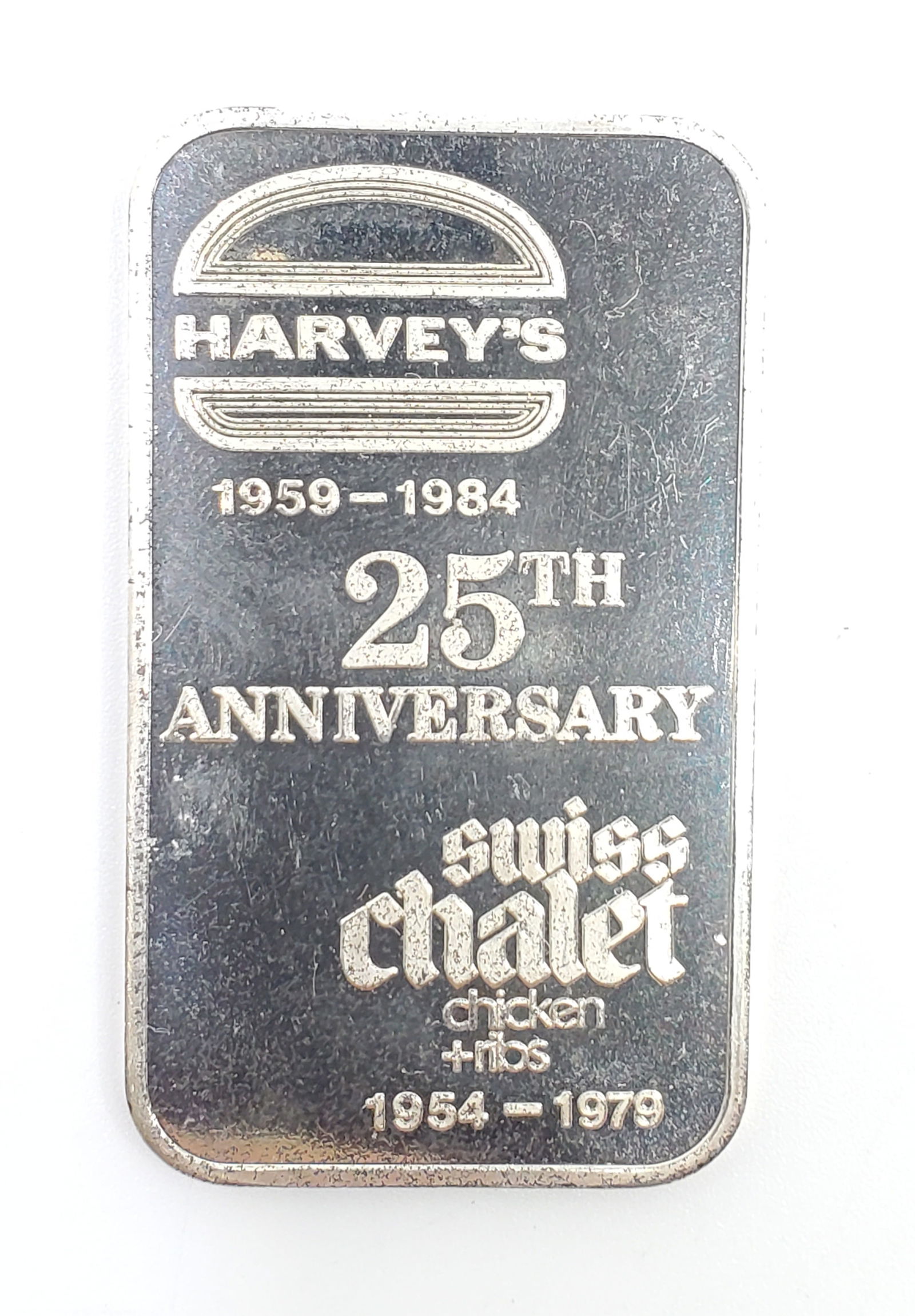 JM 1 Ounce Silver Ingot 25th Anniversary Harveys 1984 Swiss Chalet 1979 (1 of 3)