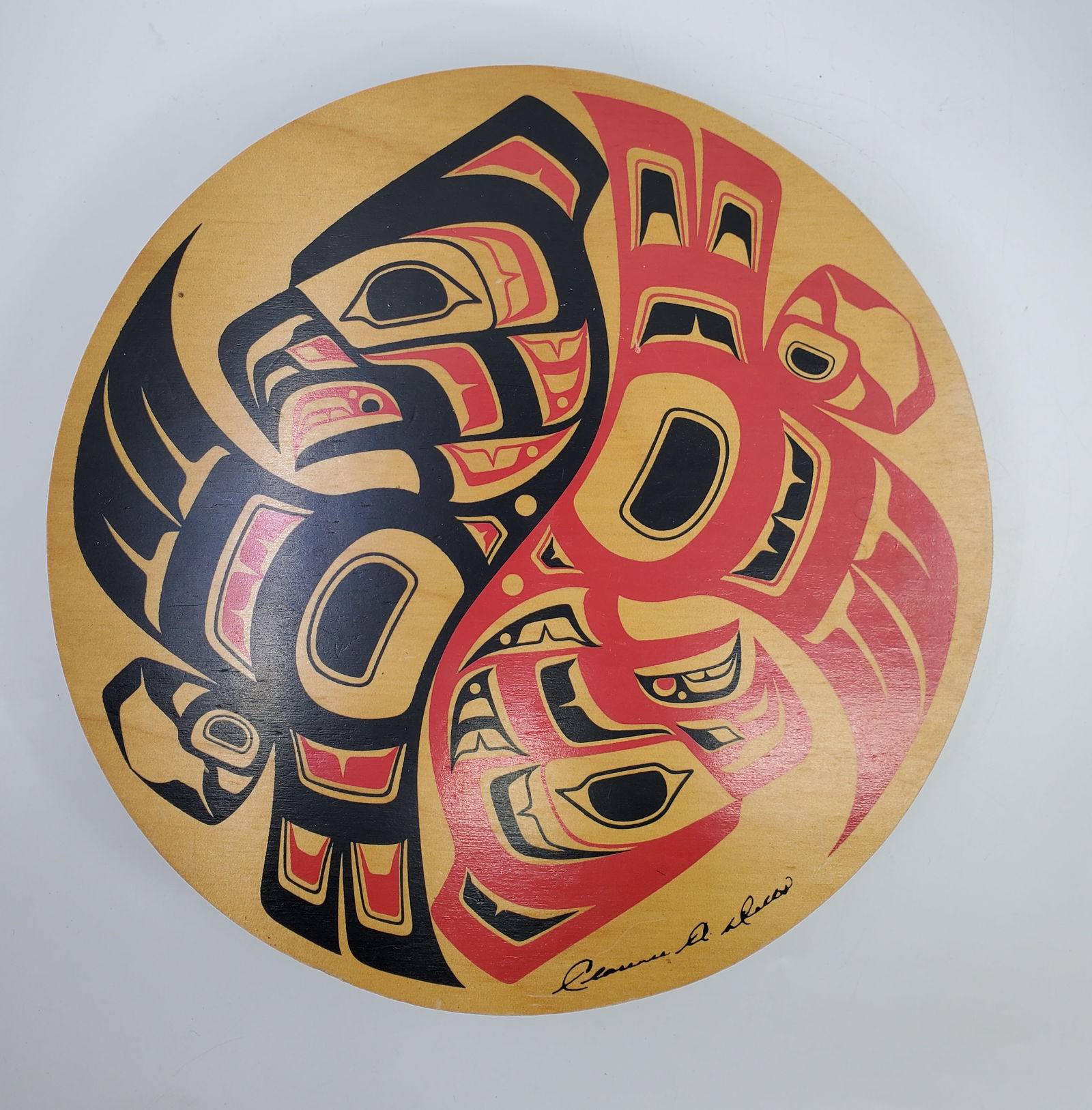 Vintage Clarence A. Wells Haida Hoop Drum Wood Box Black and Red Raven's (1 of 4)