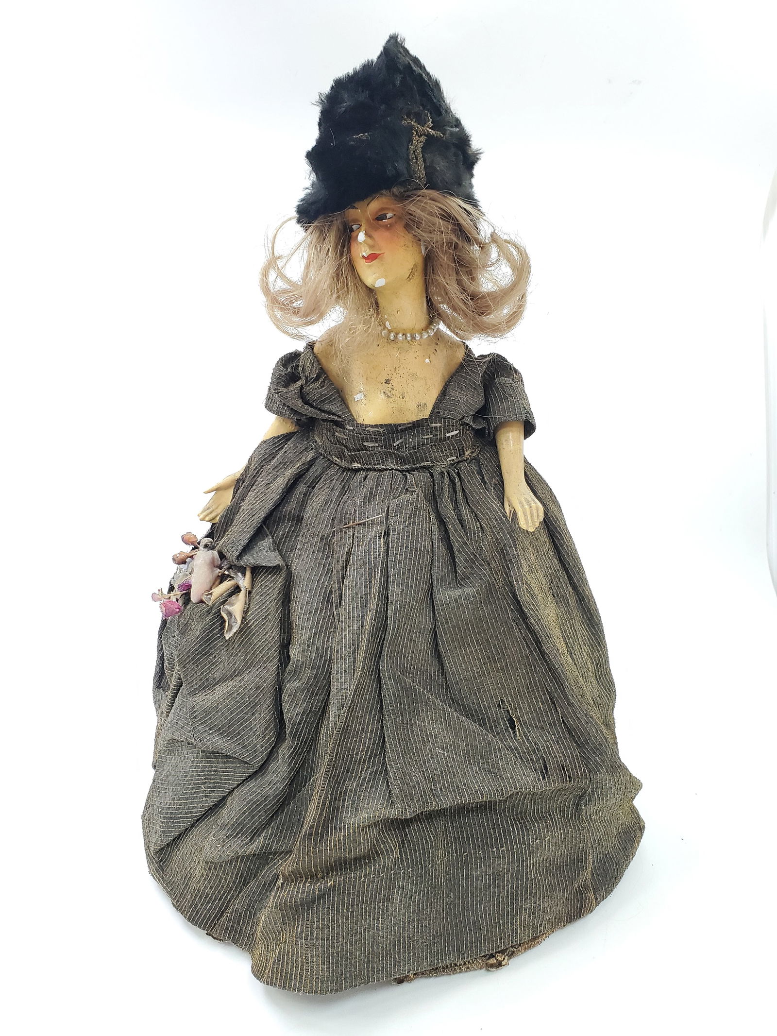 Antique 19TH CENTURY Doll: Material : Porcelain, fur, fabric, 14" x 9" x 9"