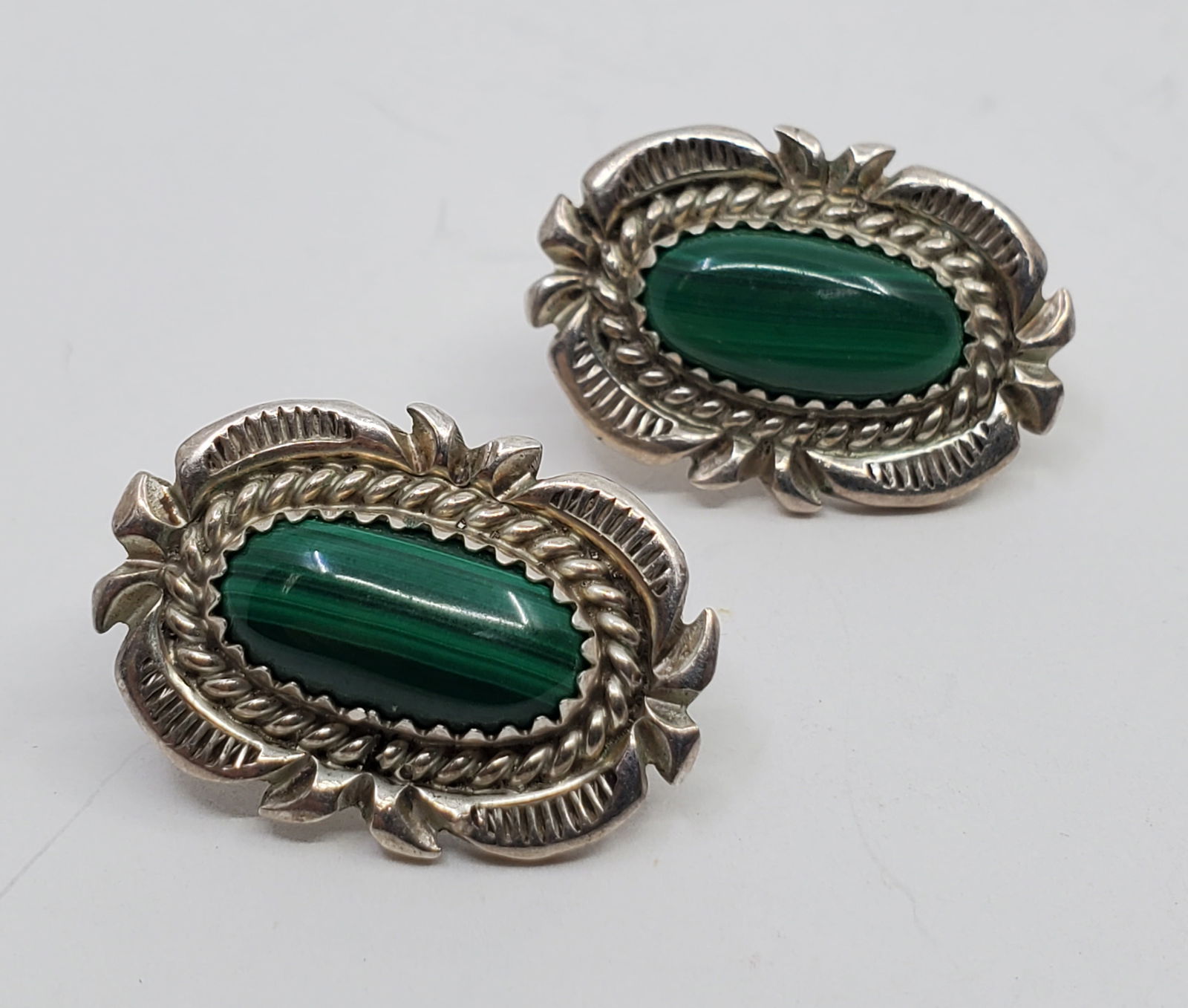 Sally Yazzie, Navajo Sterling Silver Malachites Earrings (1 of 7)