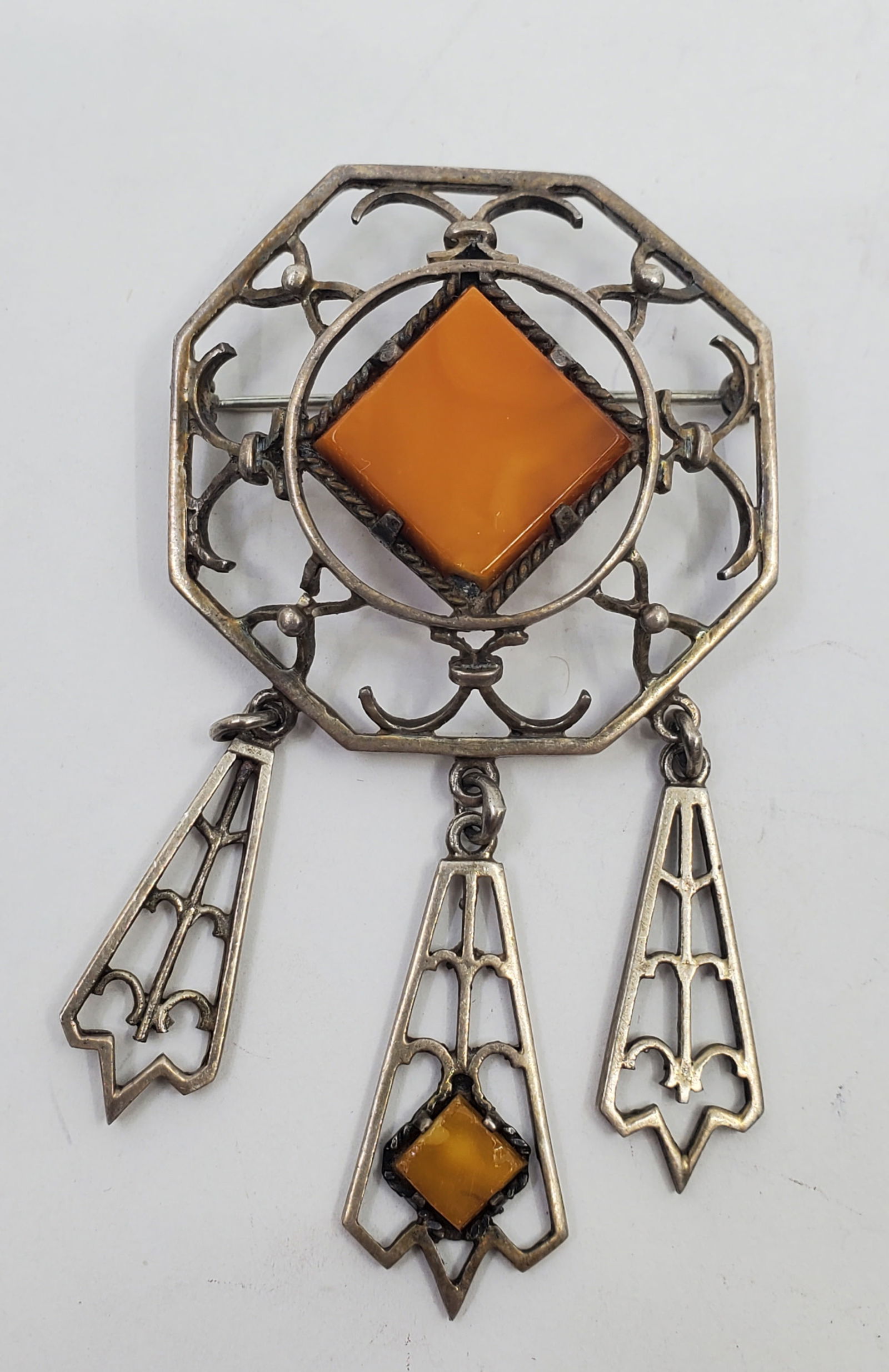 Kalupe, Vintage Sterling Silver Deep Orange Baltic Amber Dangles Brooch (1 of 8)