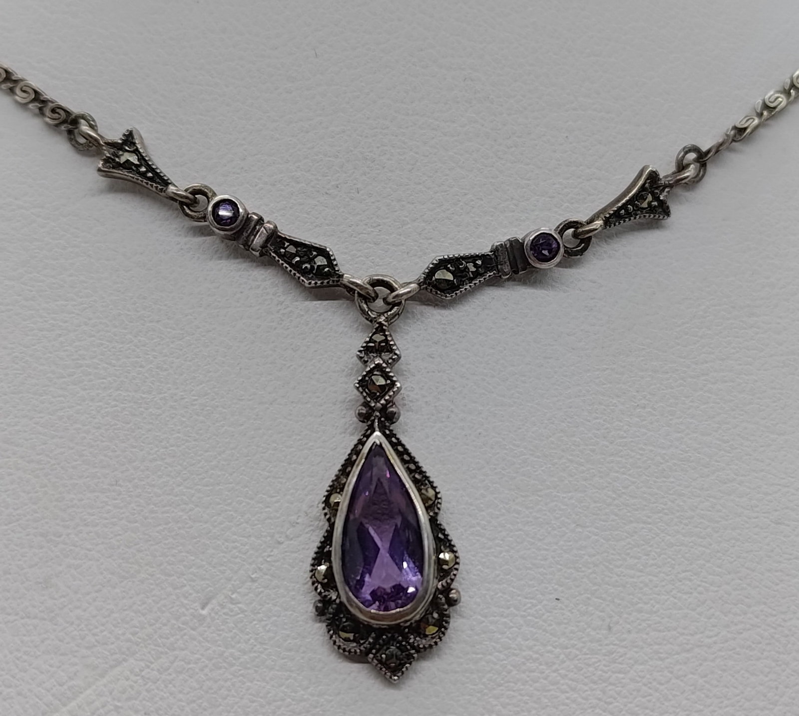 Antique Sterling Silver Amethyst and Marcasites Necklace: Sterling Silver Necklace set with amethyst and marcasite 19" Weight: 5,8 g