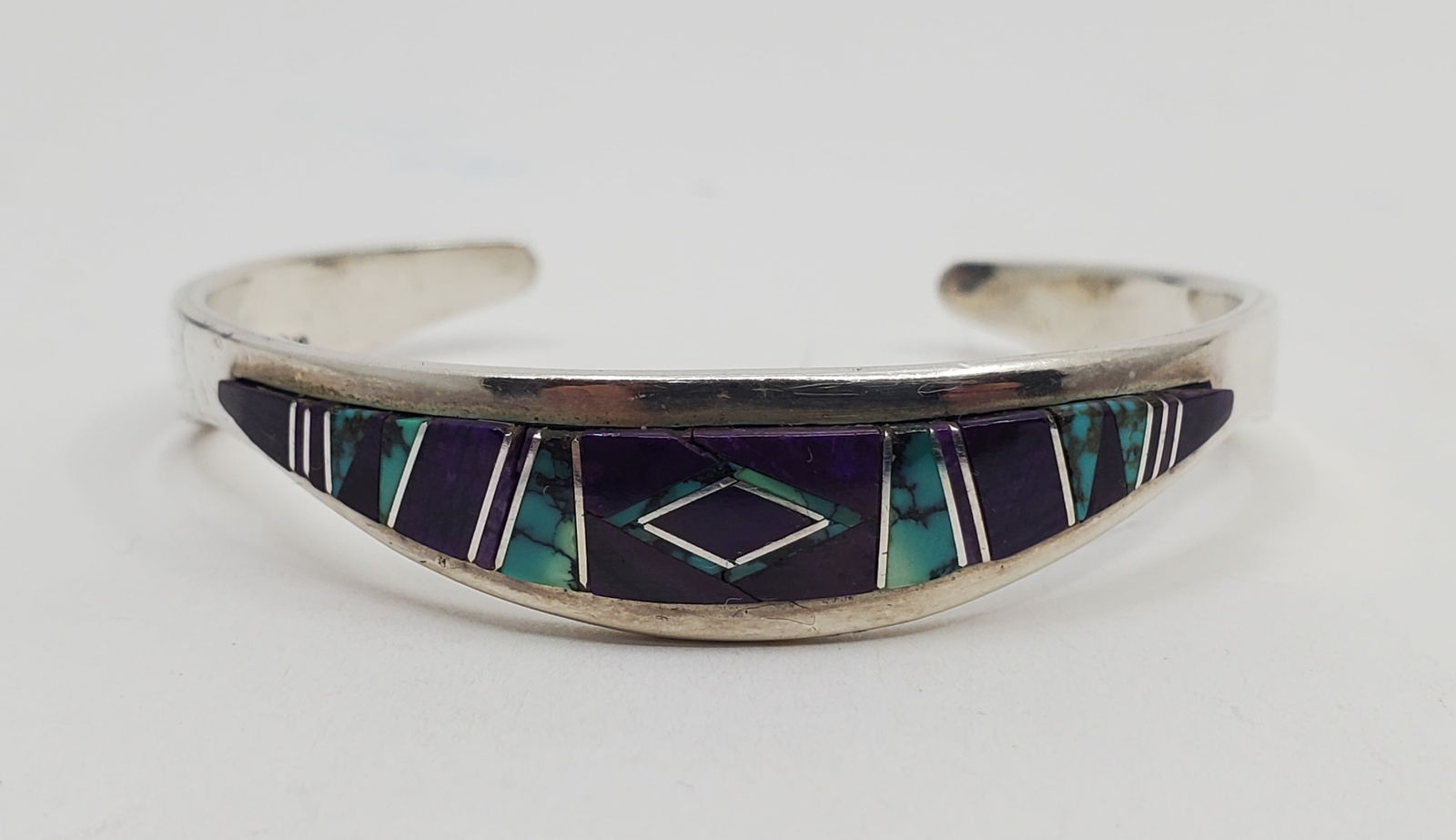 Edward Becenti, Navajo, Sterling Silver Turquoises and Lapis Lazuli Inlay Cuff Bracelet (1 of 8)