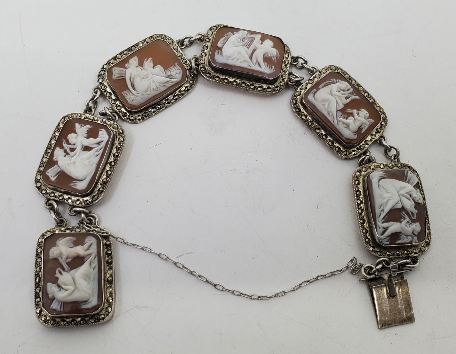 Antique Sterling Silver Cameo and Marcasites Bracelet (1 of 5)