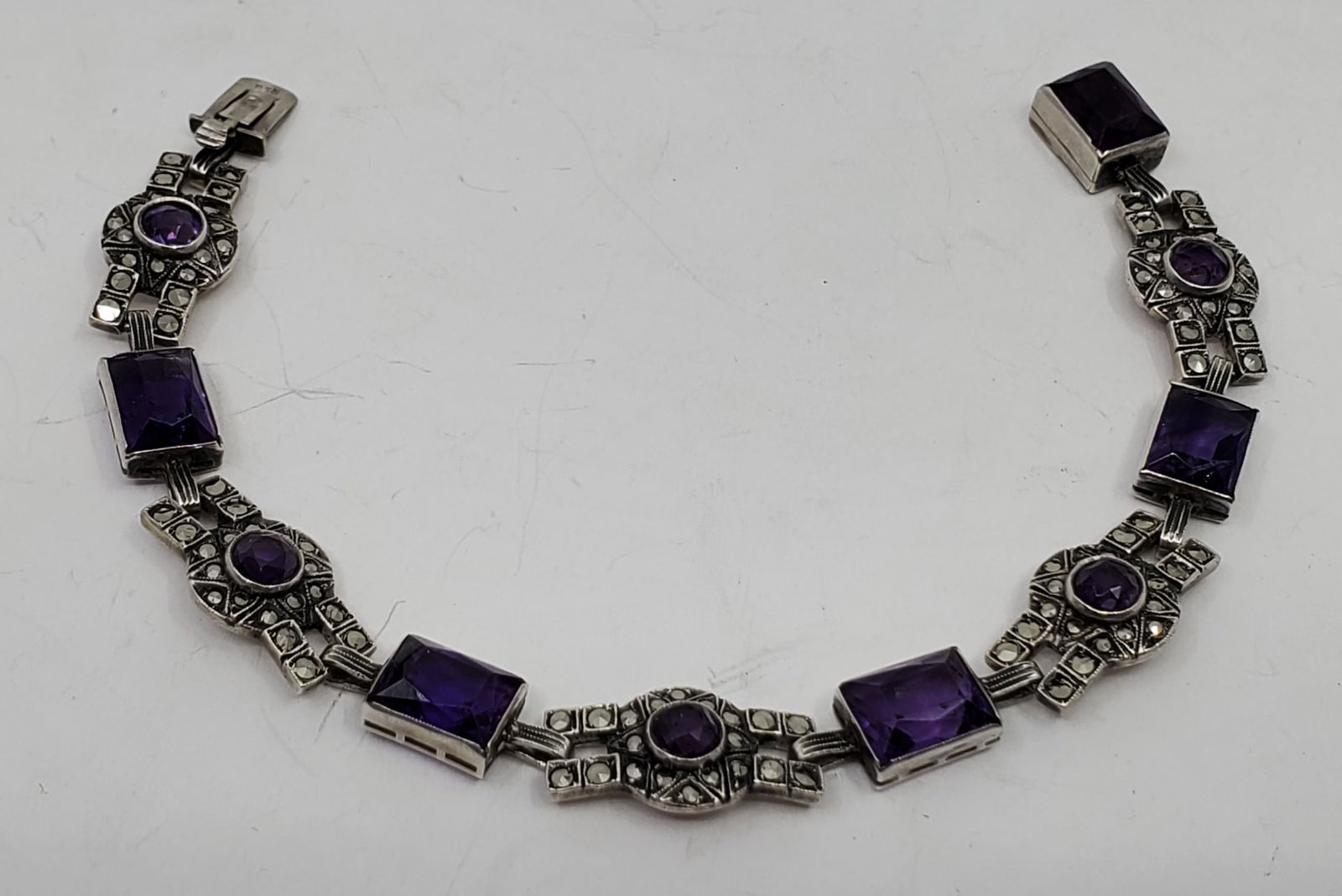 Antique .830 Silver Bracelet Set with Marcasites and Blue Stones (1 of 7)