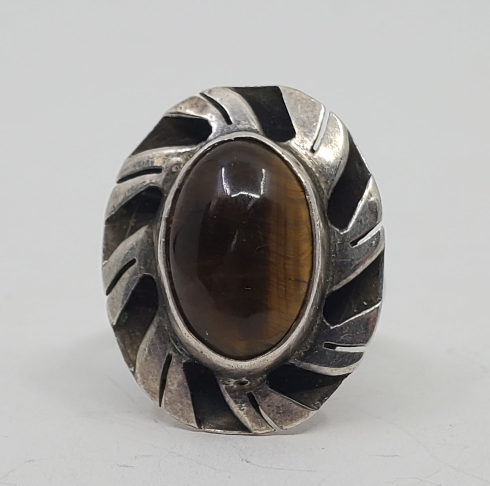 Vintage Modernist Mexican Sterling Silver Tiger Eye Ring, Signed (1 of 8)