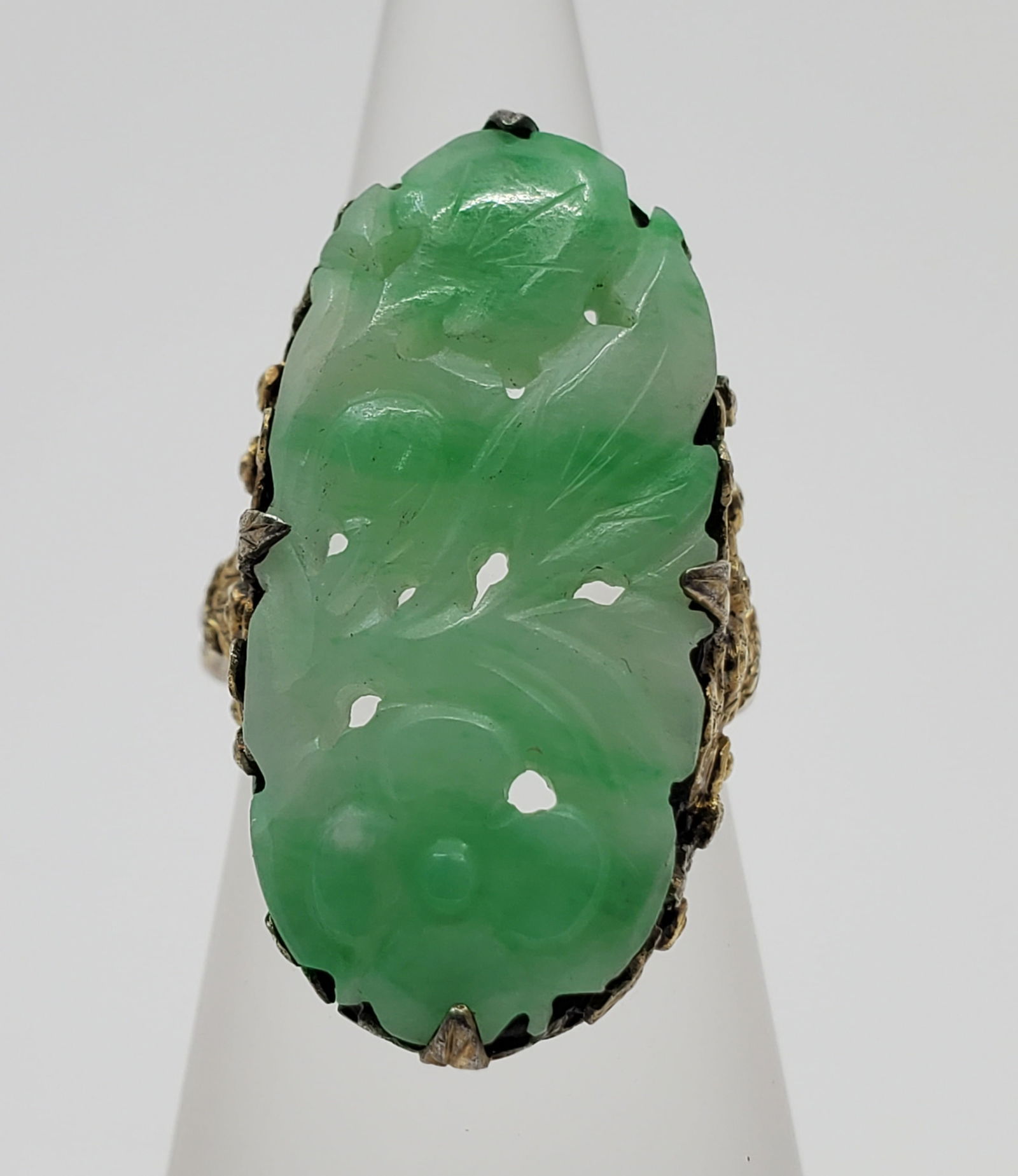 Antique Chinese Gold Plated Sterling Silver Filigree Sculpted Jade Ring (1 of 7)