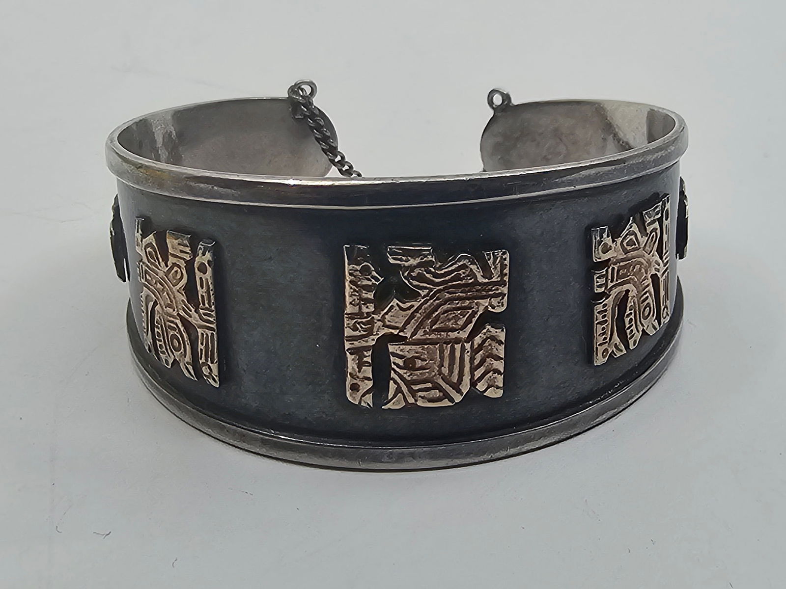 Peruvian, Inca Style Sterling Silver and 18KT Gold Cuff Bracelet (1 of 8)