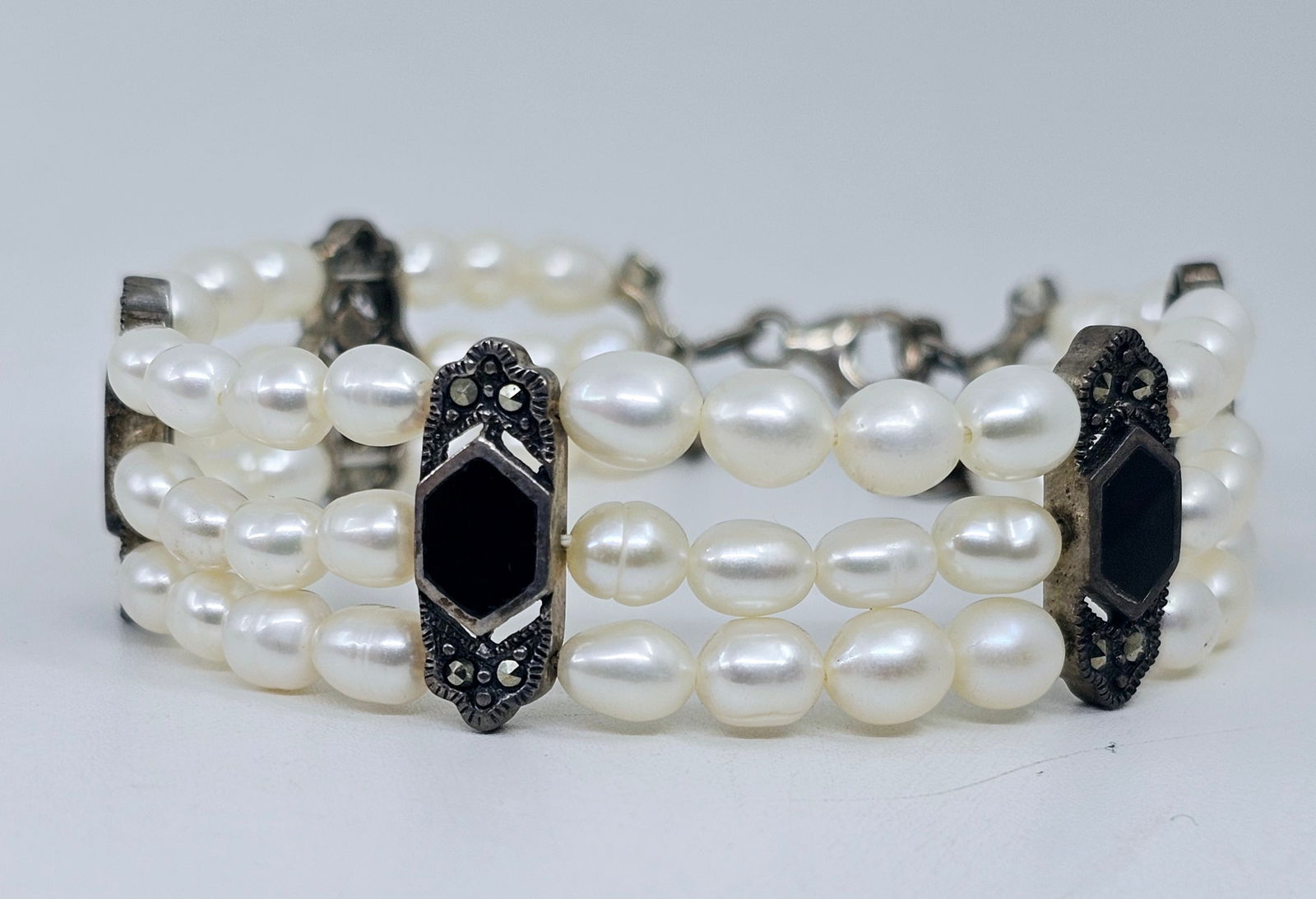 Vintage 3 Row Pearl Bracelet with Sterling Silver Onyx and Marcasites (1 of 9)