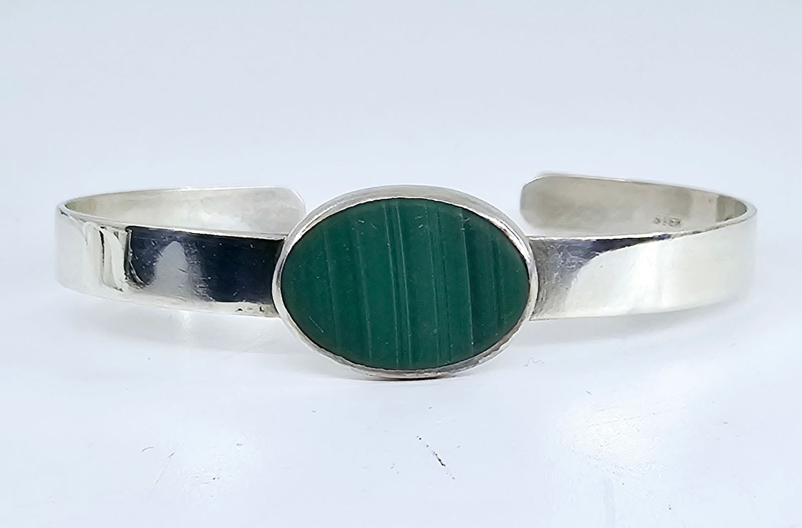Vintage Sterling Silver Malachite Cuff Bracelet, Signed (1 of 8)