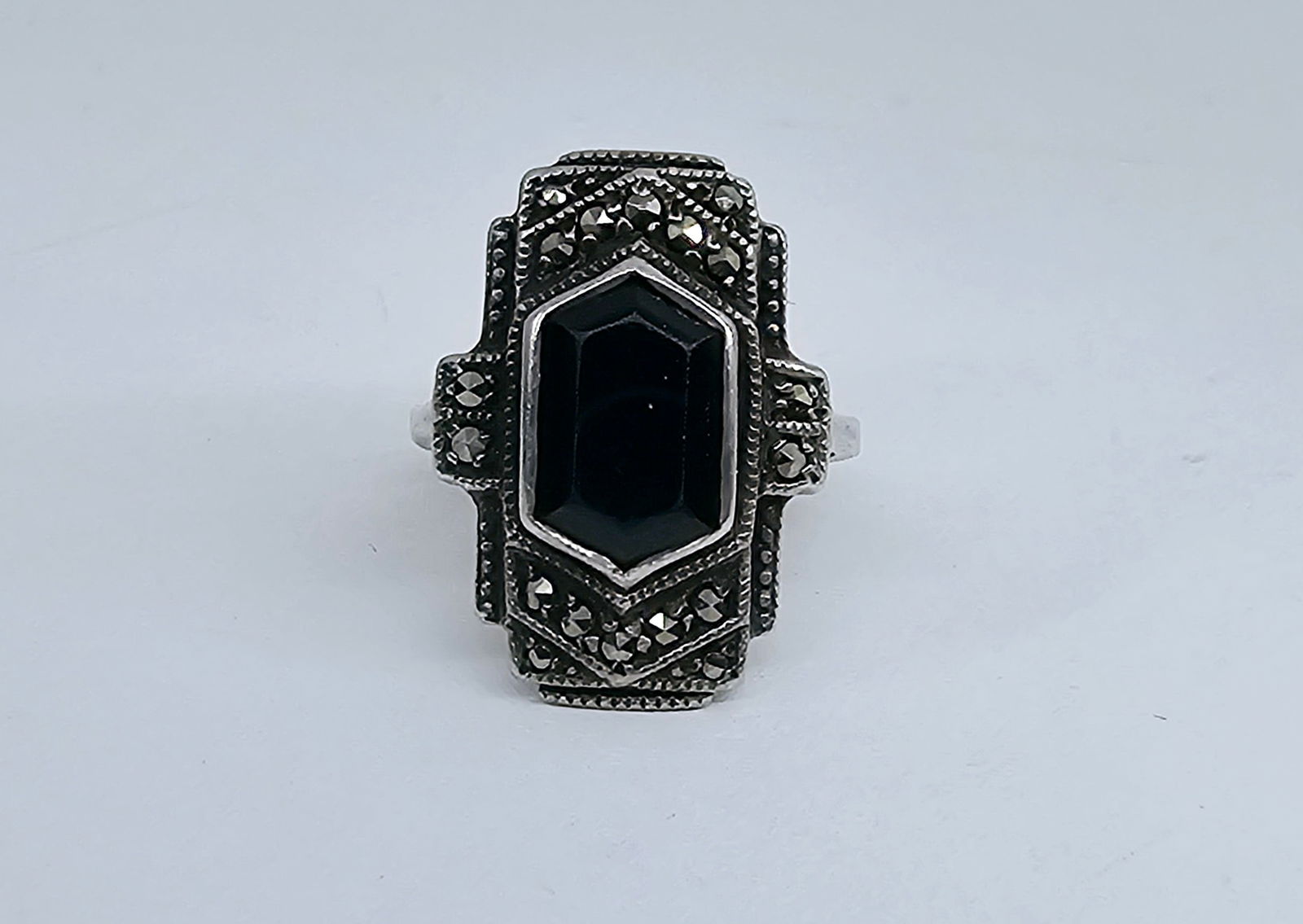 Art Deco 1920's Onyx and Marcasite Sterling Silver Ring (1 of 5)