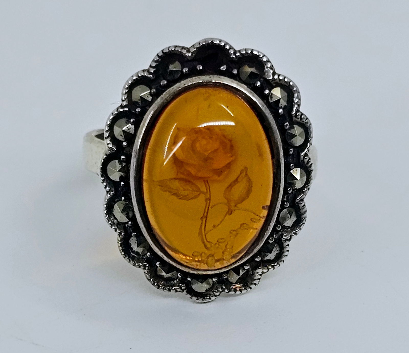 Antique Sterling Silver Ring With Baltic Amber and Marcasites (1 of 7)