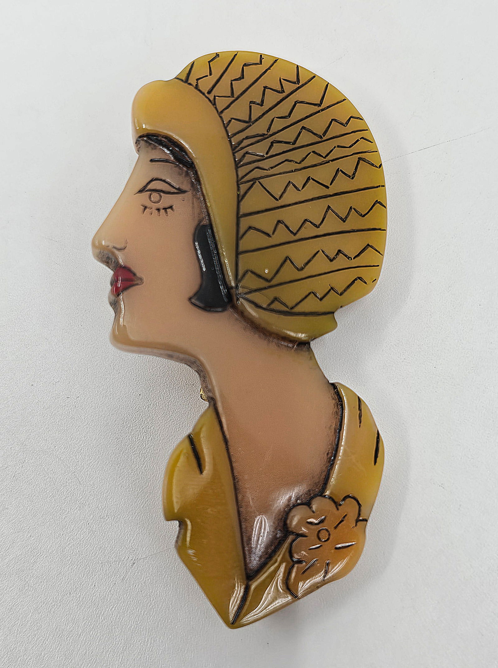 1920's Bakelite Pin: 1920's Hand Carved & Hand Painted Bakelite Pin Featuring A Woman's Profile 2.25" x 1.25"
