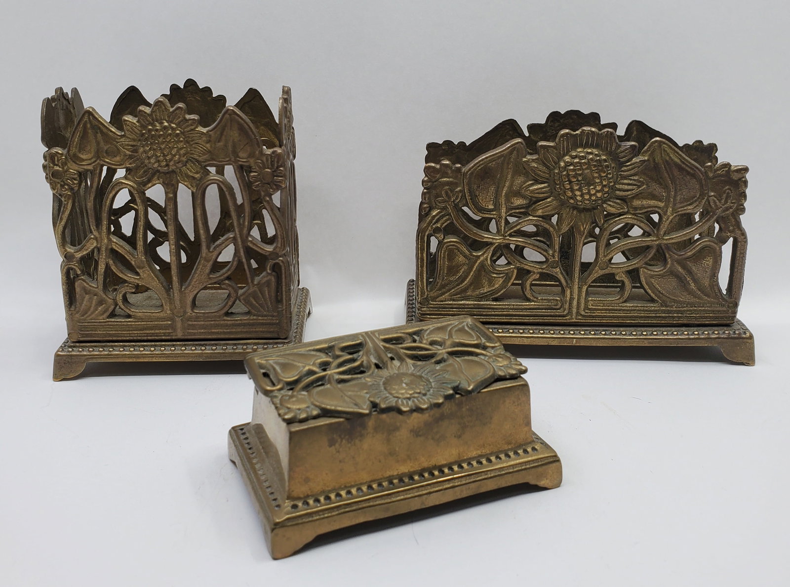 Art Nouveau Style Brass Mail Kit: Art Nouveau Style Brass Mail Kit, including a Stamp Box, a Pen Box and a letters Holder