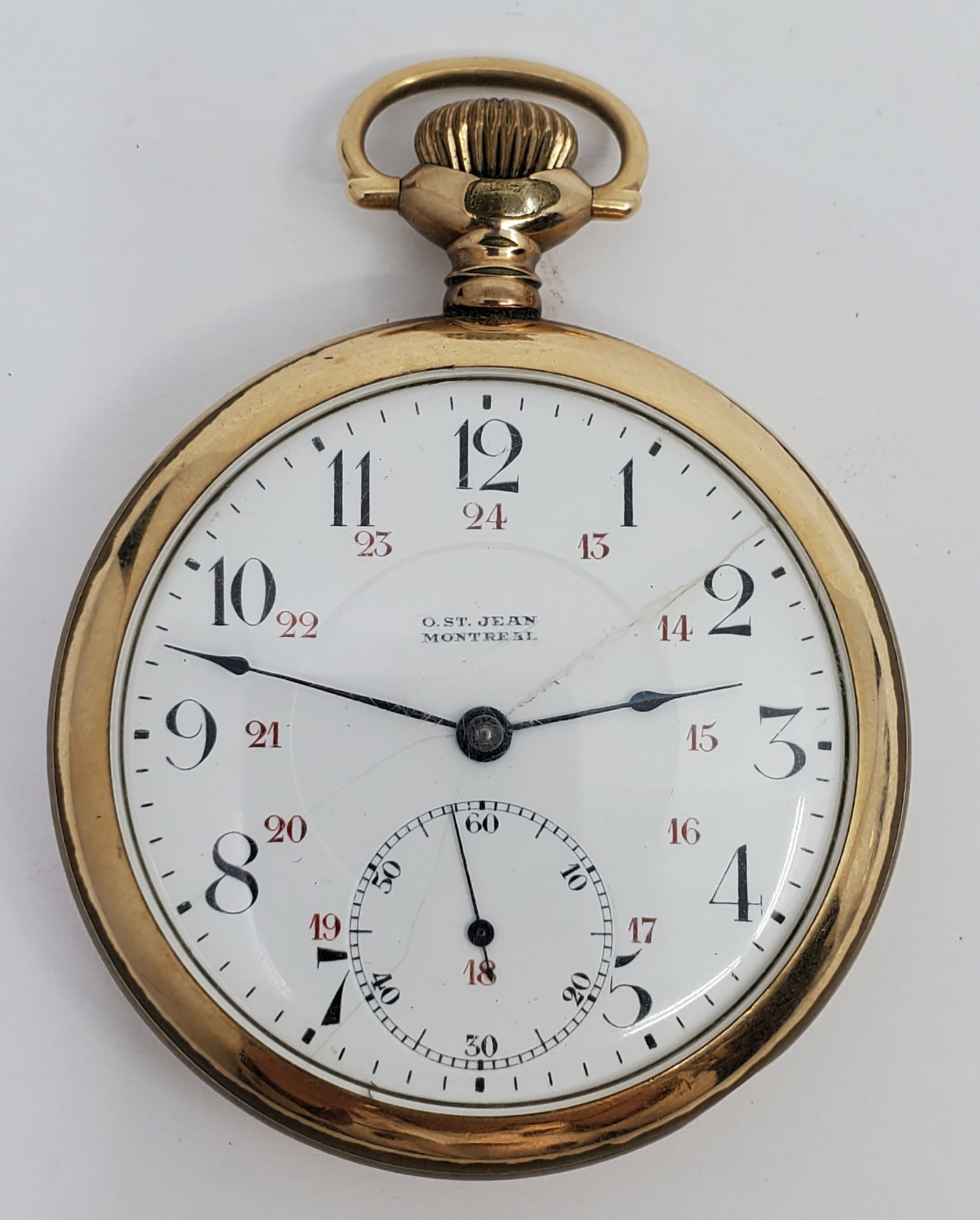 O. St. Jean Montreal, Antique Gold Filled Pocket Watch: O. St Jean Montreal Pocket Watch 17 Jewels, Gold Filled Case, Size : 23S, Not in Working order, seem's Overwind we cannot guarantee it for accuracy