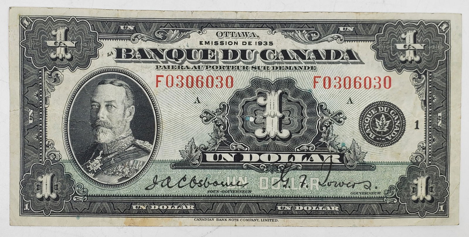 BANQUE DU CANADA 1935 $1 Banknote French Text (1 of 2)