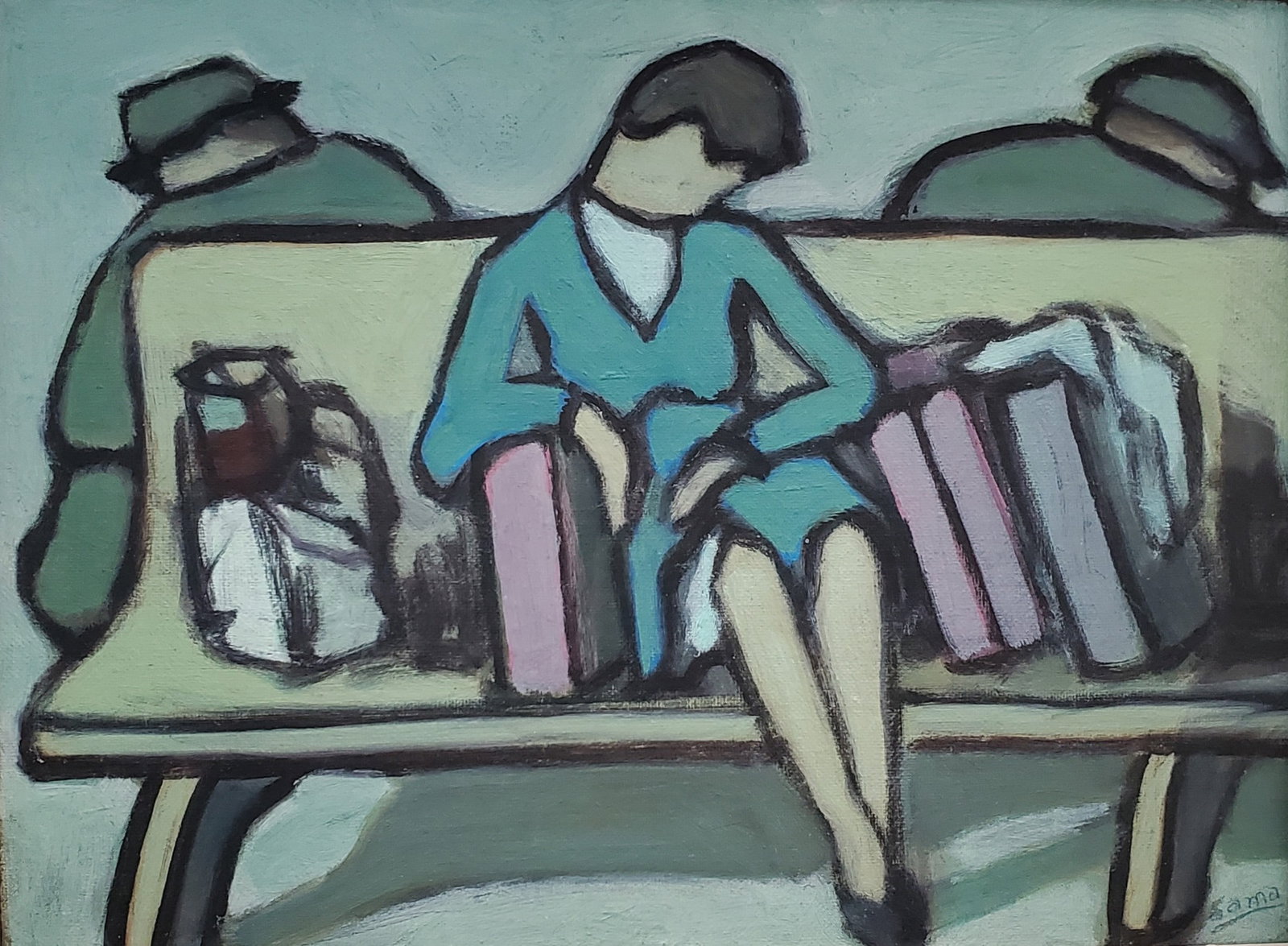Sama (XX) Lady on a Bench: Oil on canvas panel, signed on lower right Sama 9" x 12"