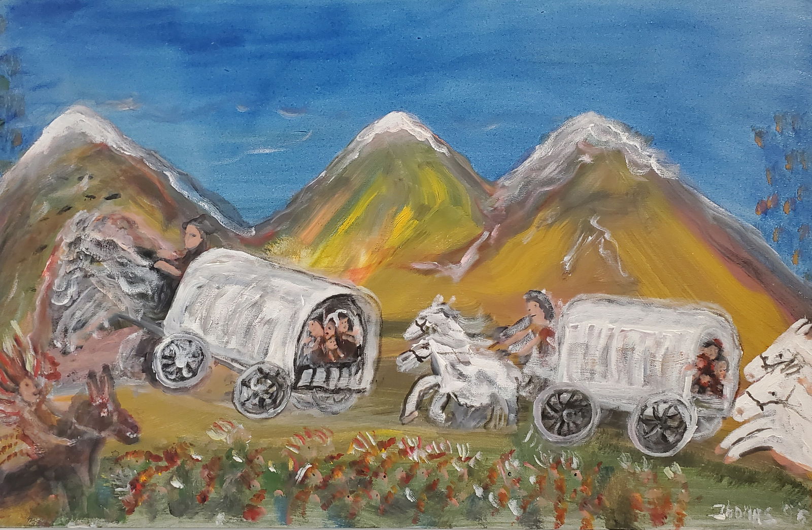 Thompson, William Thomas (1935- ) American Folk Art, Wagon Train: Oil on canvas, signed on lower right Thomas 24" x 36"