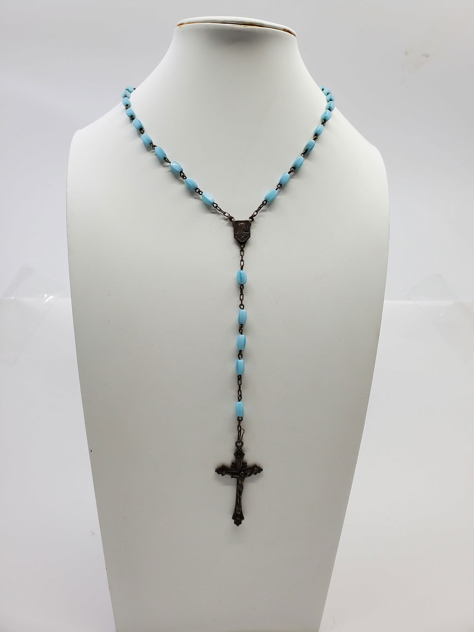 Religious Antique French Catholic Rosary: Religious Antique French Catholic Rosary Whit Blue Glass Beands And Copper cross