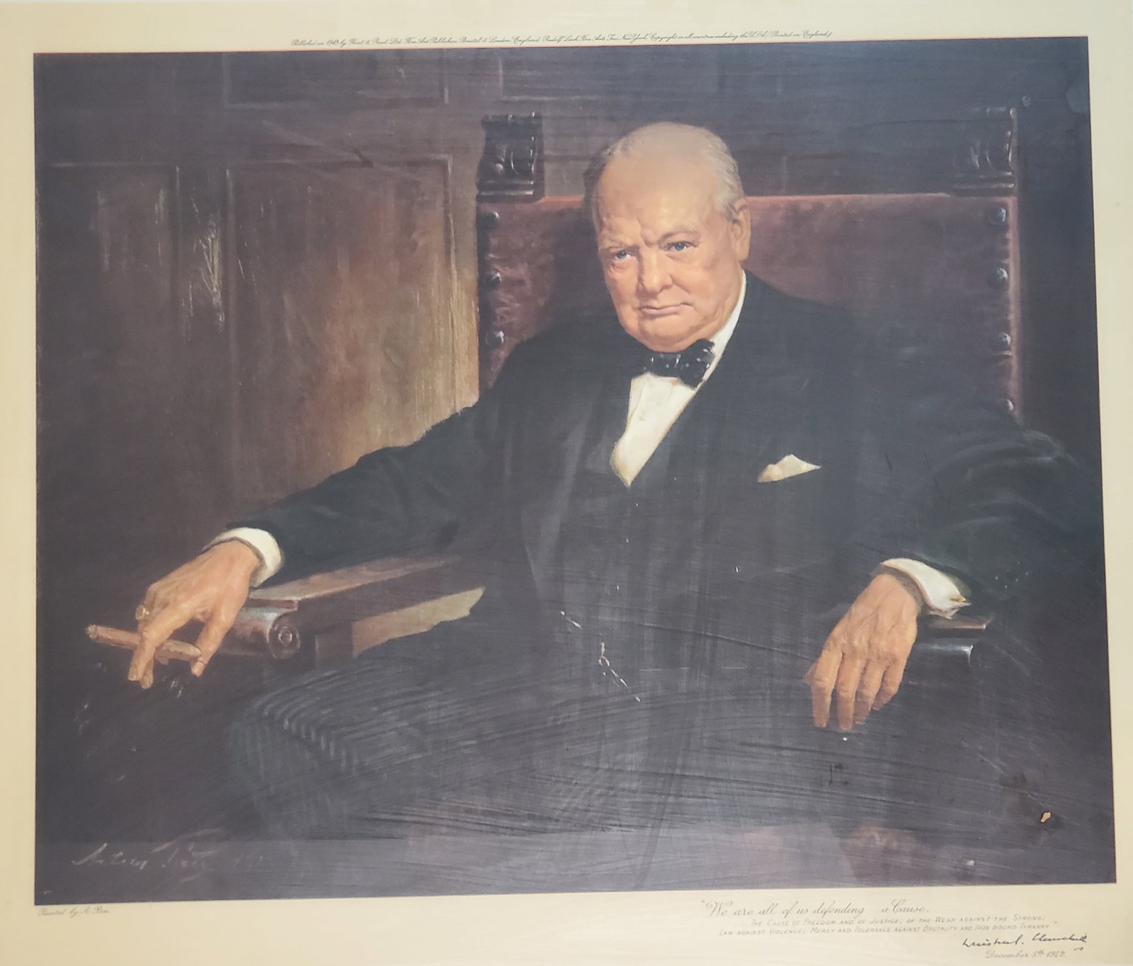 Arthur Pan (Hungarian, 1894-1983) We Are All of Us Defending..: Arthur Pan (Hungarian, 1894-1983), We Are All of Us Defending...A Cause, facsimilie signature of Winston Churchill l.r., lithograph in colours 20" x 24"
