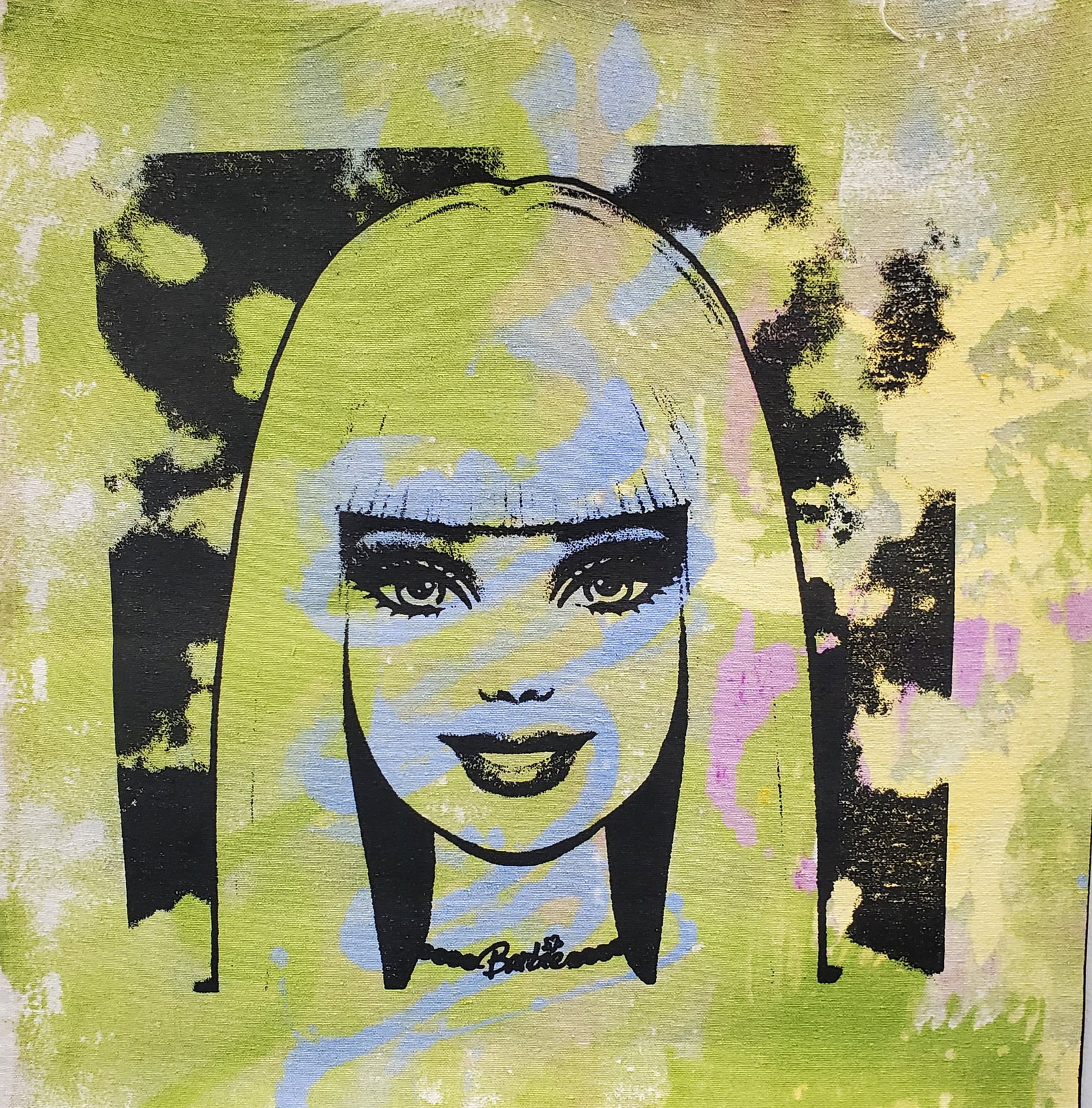 Gail Rodgers (XX) American Pop Art Painting, BARBIE: Oil on canvas, unsigned, Titled Barbie at the bottom, with certificate 23 1/2" x 23"