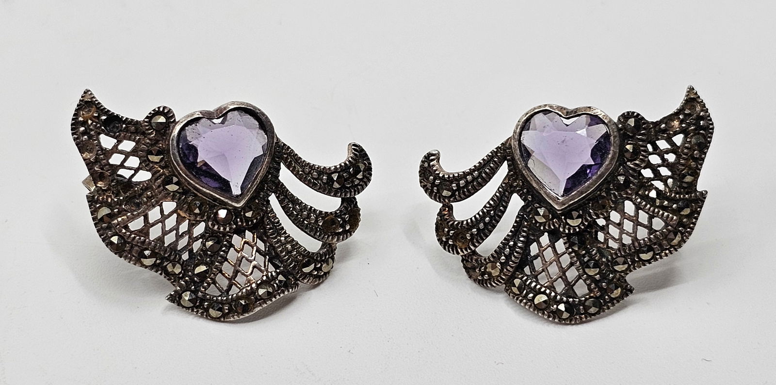 Fancy Vintage Sterling Silver Earrings Amethysts Earrings (1 of 8)