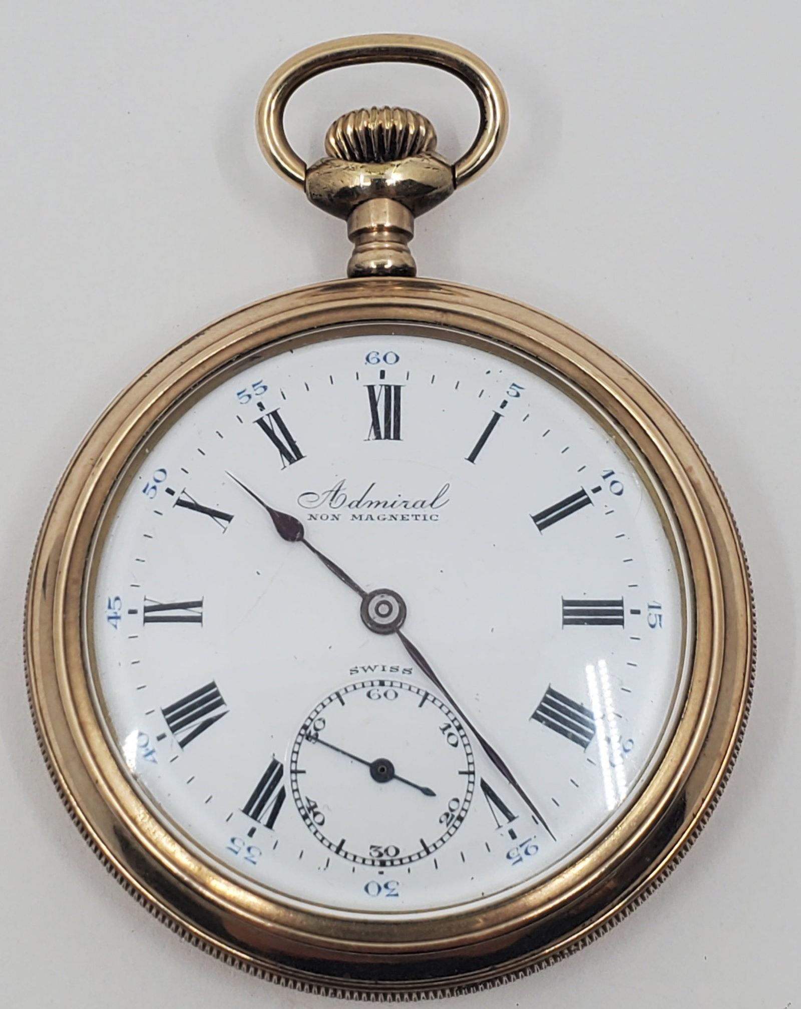 Vintage ADMIRAL Swiss Gold Filled Pocket Watch: 45 mm in diameter. In US made AWC case In working order, although unverified for accuracy.