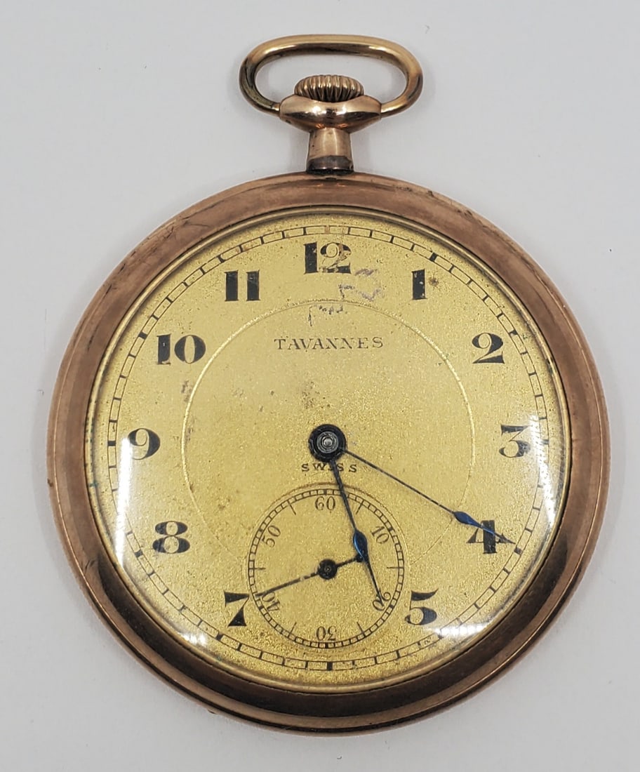 TAVANNES 7J GF Pockey Watch Swiss Made: 1 3/4" in diameter. In working order, but unverified for accuracy.