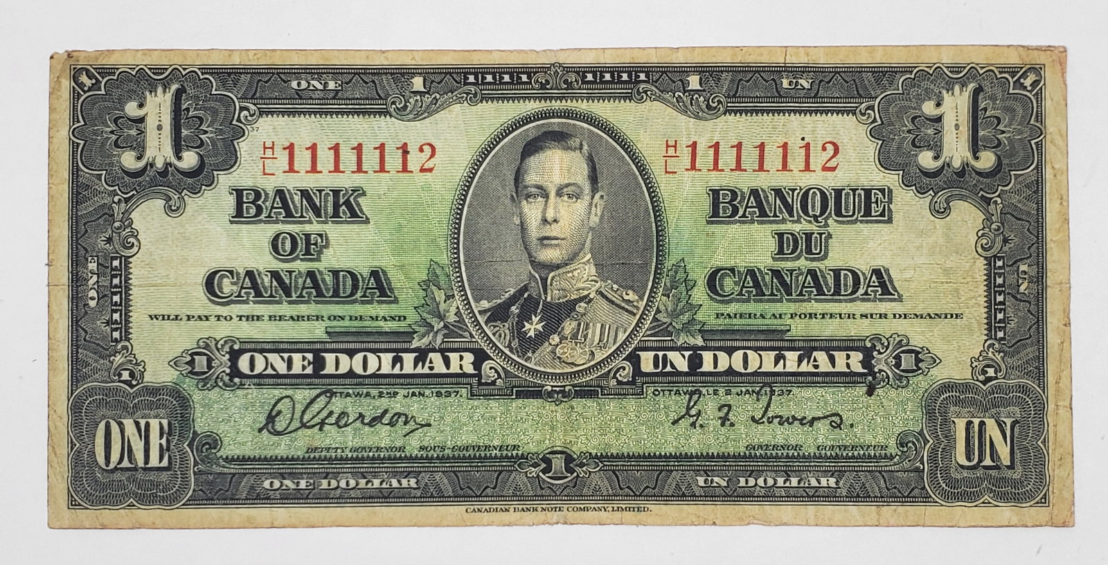 Bank of Canada 1937 Dollar Almost Solid Number: Fine Condition