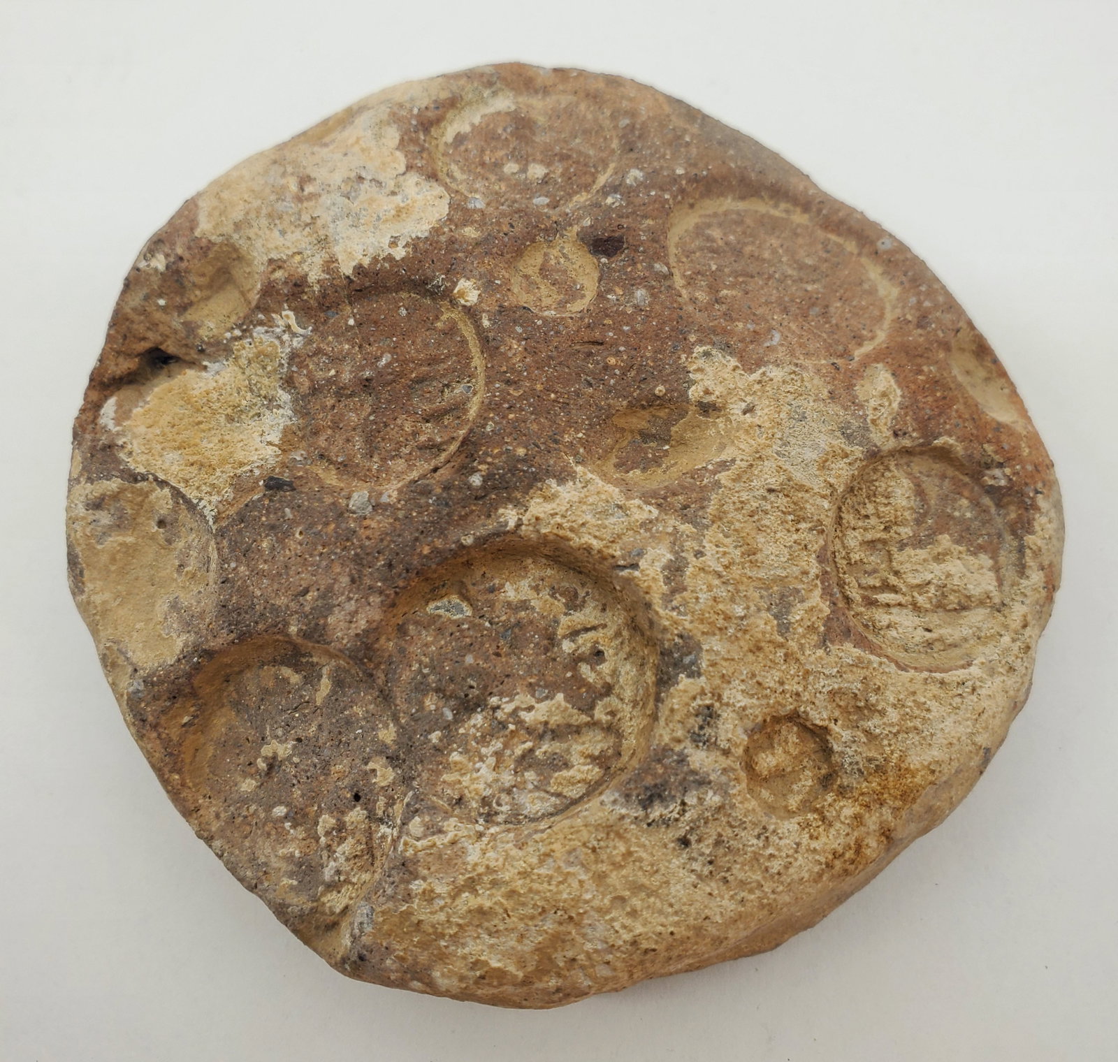 Bulla Parthian Intaglio 2nd century BC: Made out of terracotta, from Iran Shar-ir Qumis (Hecatompylos) with 6 visible seal, 3" x 3"