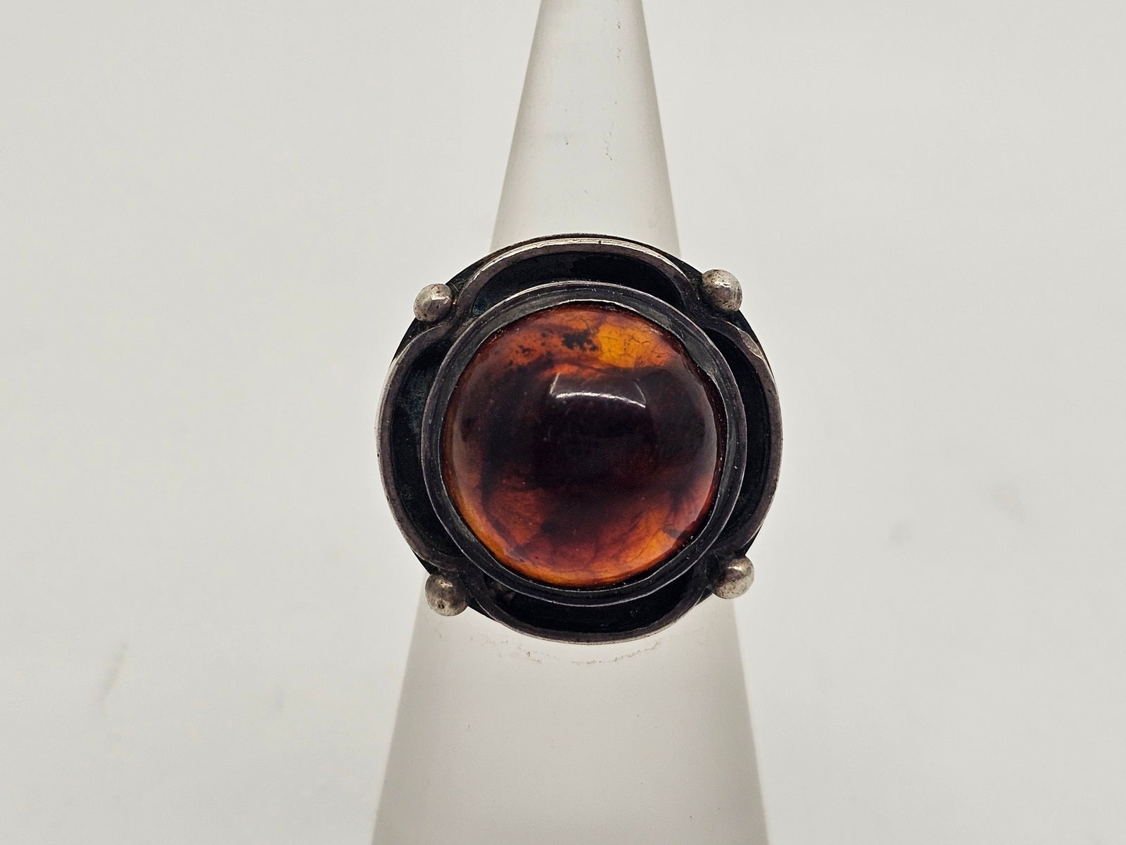 Antique Polish Sterling Silver Amber Ring, Marked BJ (1 of 5)