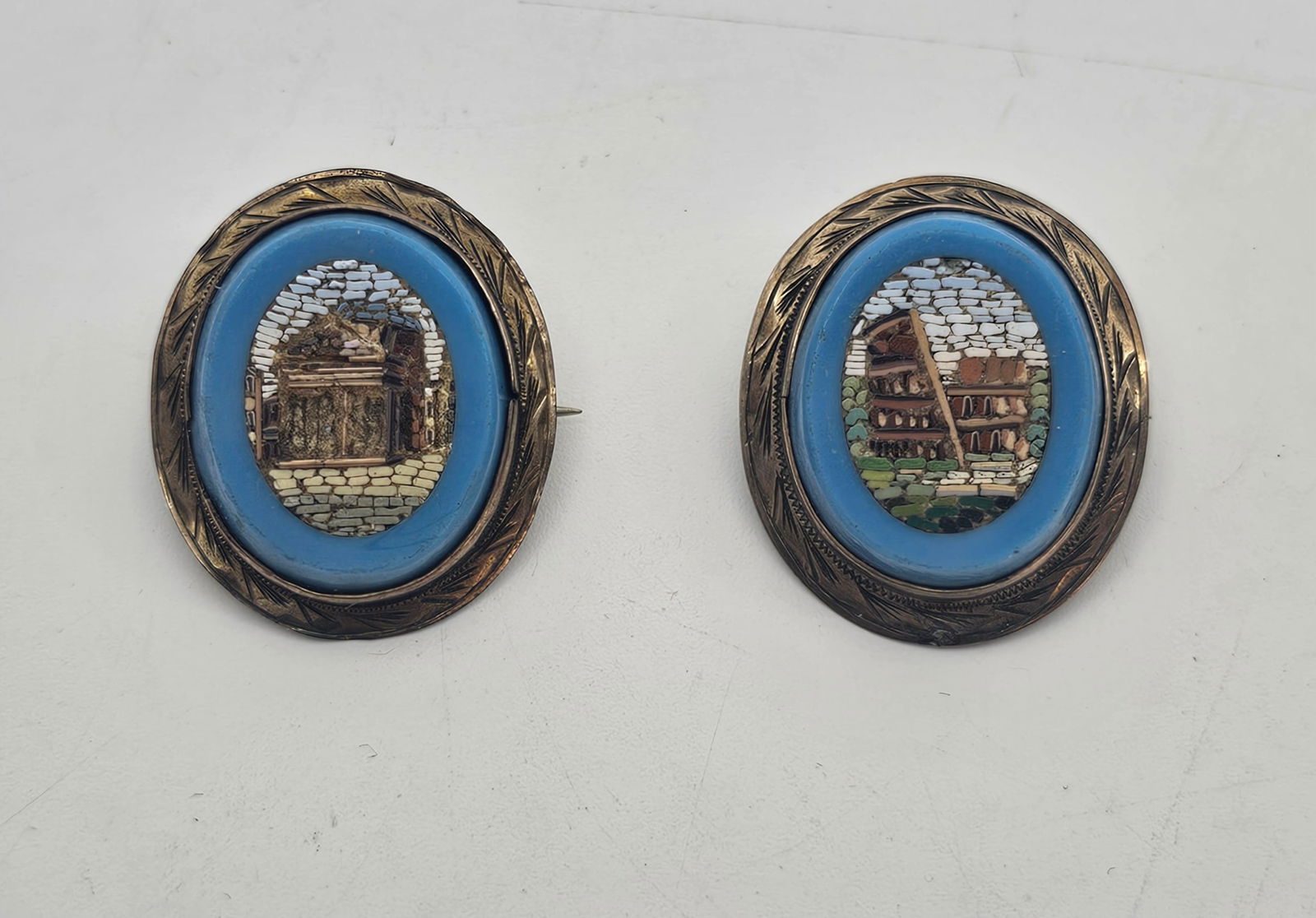 Set of 2 Antique Micro Mosaique Silver Guilted Brooch (1 of 2)