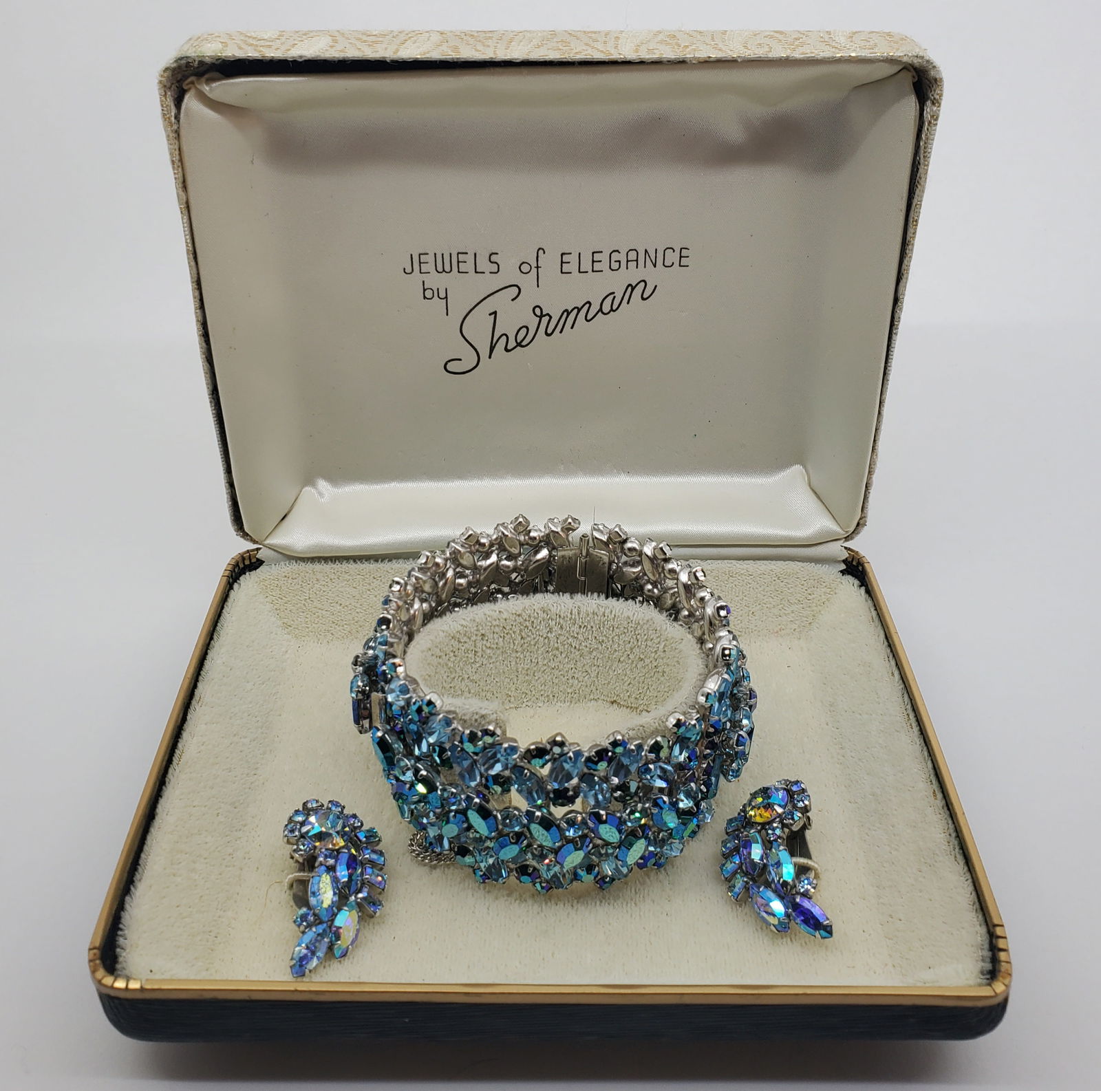 Sherman, Large Aurora borealis Regid Cuff Bracelet with Earrings in original box (1 of 8)