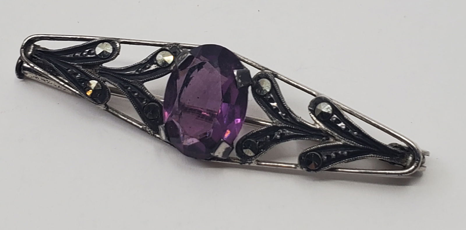 Antique Sterling Silver Amethyst and Marcasites Brooch (1 of 3)