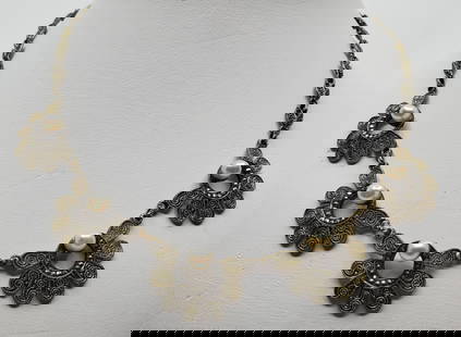 Theodor Fahrner (1859-1919) German Art Deco Sterling Silver Guilted Necklace: Sterling Silver Guilted Necklace, set with pearls and marcasites, marked on the back Original Fahrner TF 925 16" x 1" Weight: 24,2 g