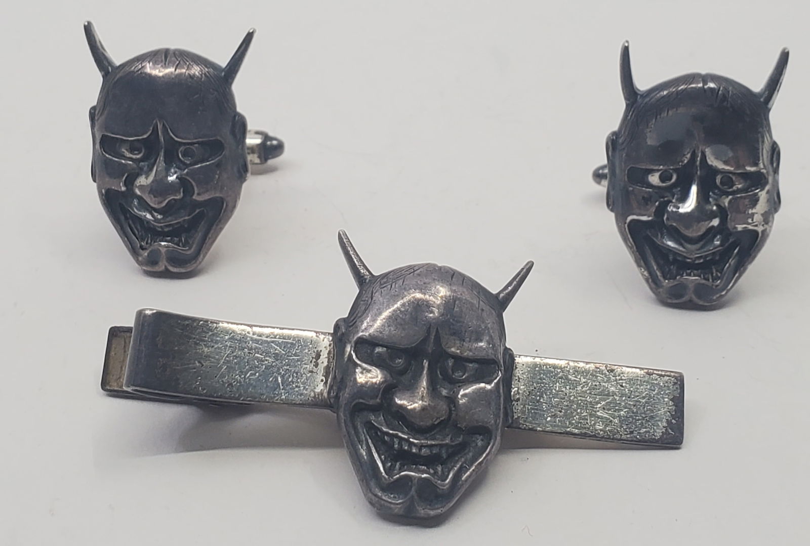 Amita, Japanese Hannya Sterling Silver Tie Clip and Cufflinks (1 of 9)