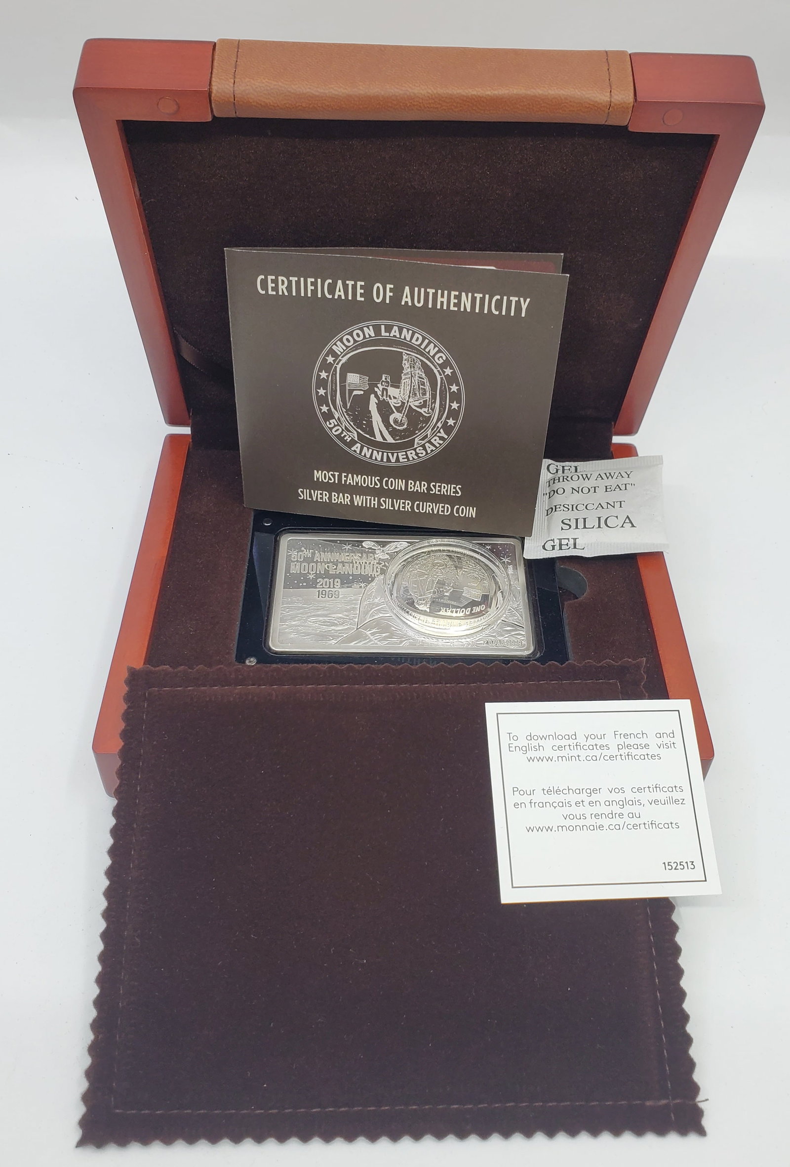 2019, 50th Anniversary of the Moon Landing: Most Famous Coin Bar Series Silver Bar with Silver Curved Coin 1969-20192 OZ AG ,9999 Numbered : 1084 / 1969In it's original box with Paper
