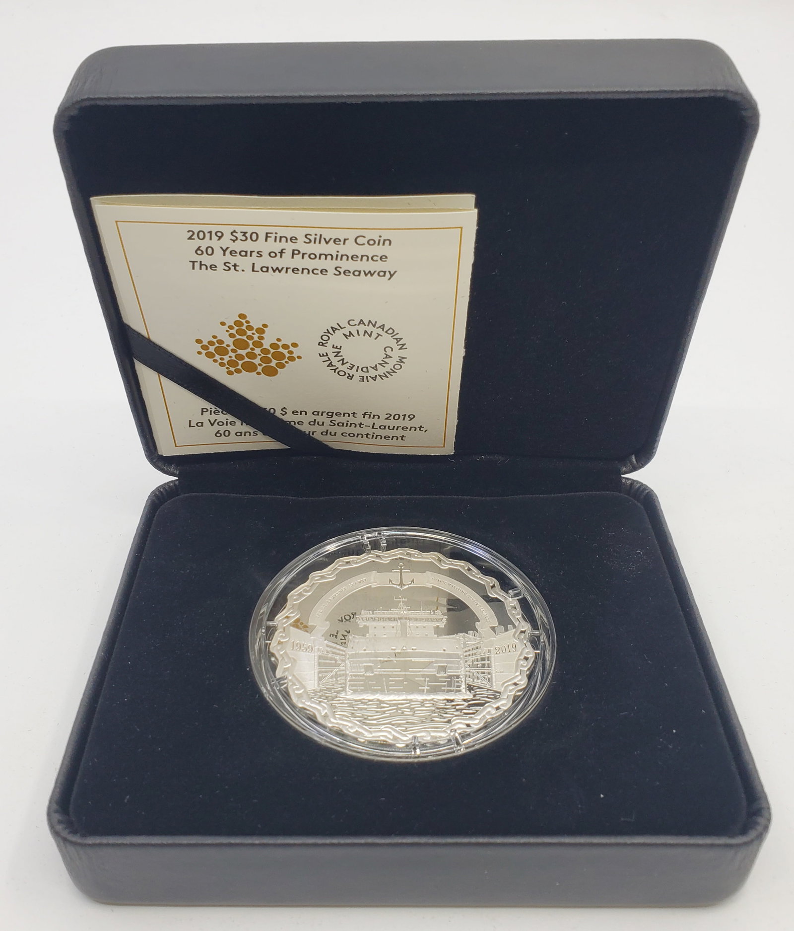 2019 $30 Fine Silver Coin 60 Years of Prominence The St.Lawrence Seaway: RCM 30$ Canadian Fine Silver Coin 99,99 pure silver, 62,69 g Limited Edition : 1254/2000In it's original box and paper