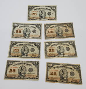 Set of 7 X Canada 25 Cents Paper Money: Including : 3 X Campbell Clark, 3 X McCavour Saunders, 1 X Hyndman Saunders Judge the condition by yourself