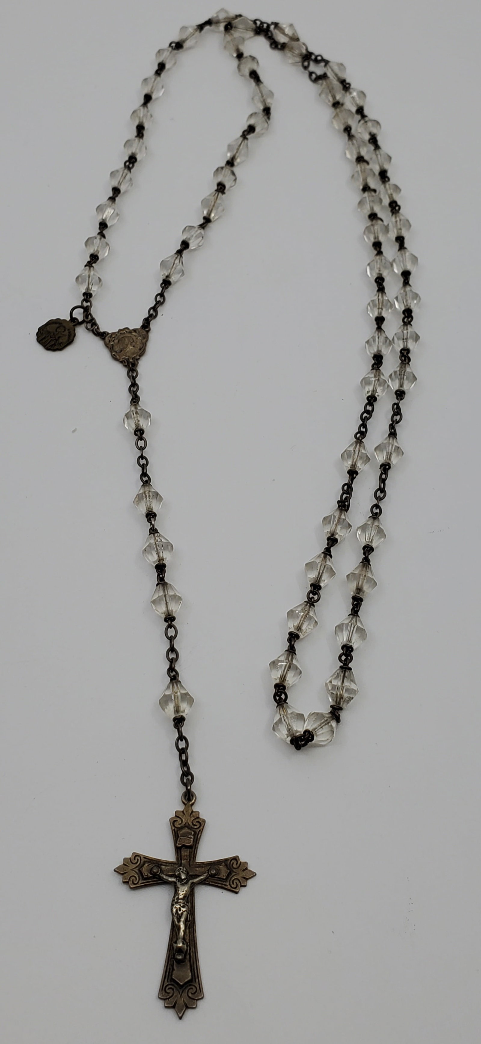 Antique Sterling Silver Crystal Rosary: Sterling Silver Rosary set with Crystal Beads23"