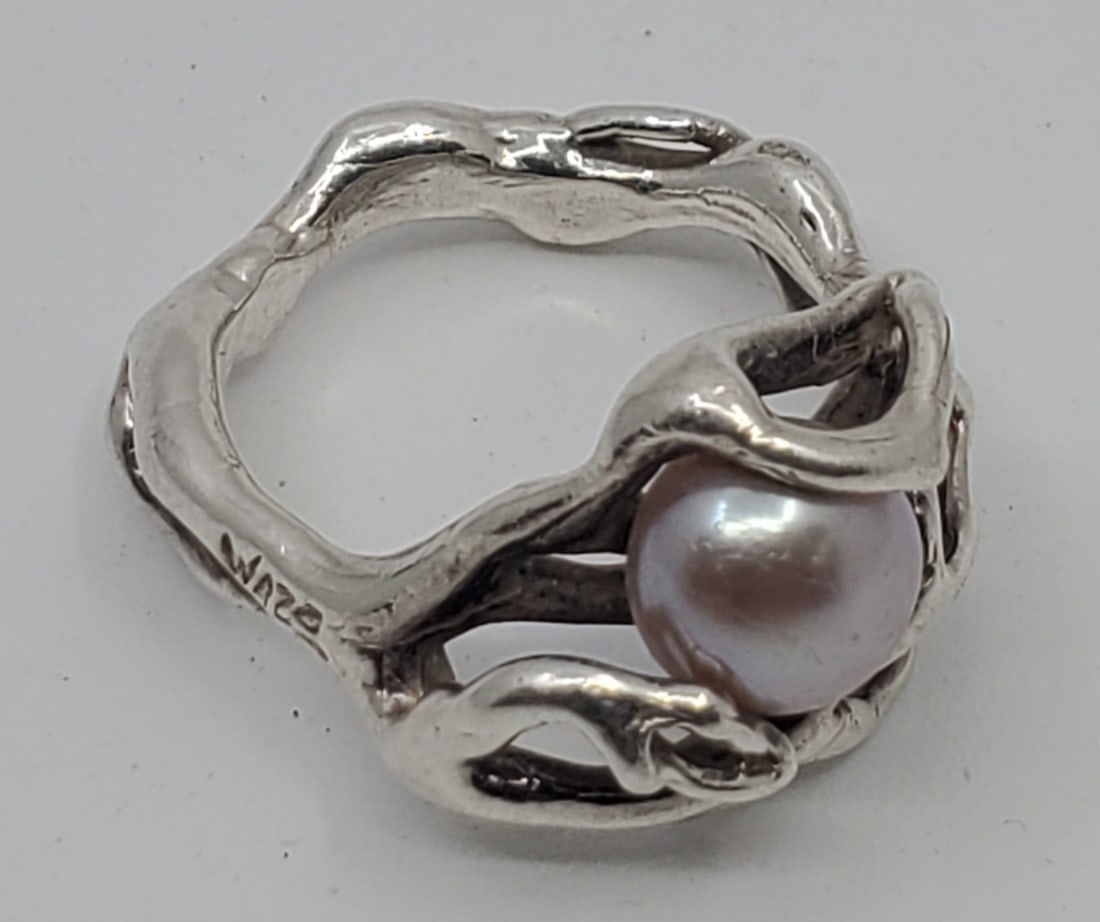 WAZO, Brutalist Modernist Sterling Silver Pearl Ring (1 of 5)