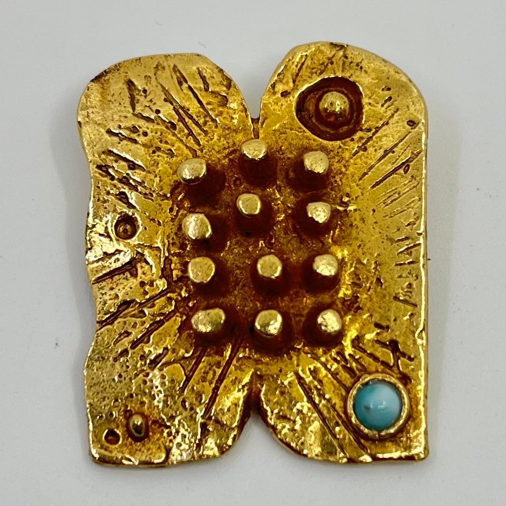Brutalist Modernist Gold Tone Pewter Brooch Signed (1 of 3)