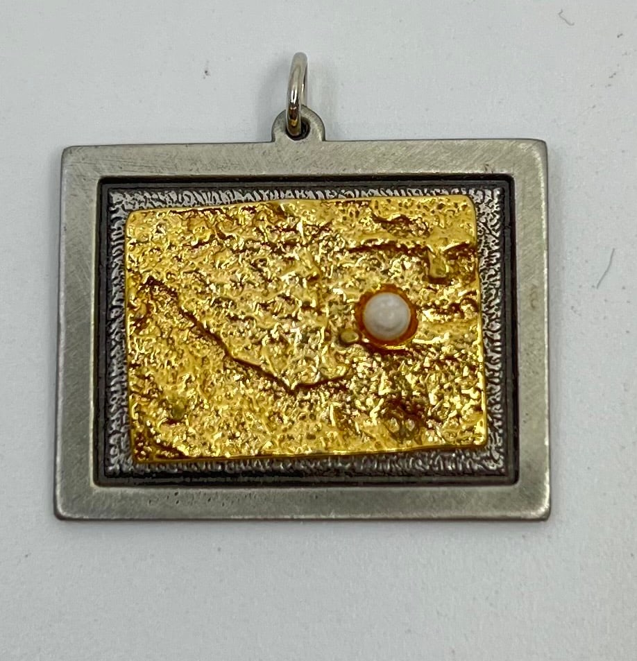 Jean Claude Darveau, Modernist Canadian Pewter Pendant: Pewter Pendant, with Gold Tone, marked on the back Darveau 1 1/4" x 1"