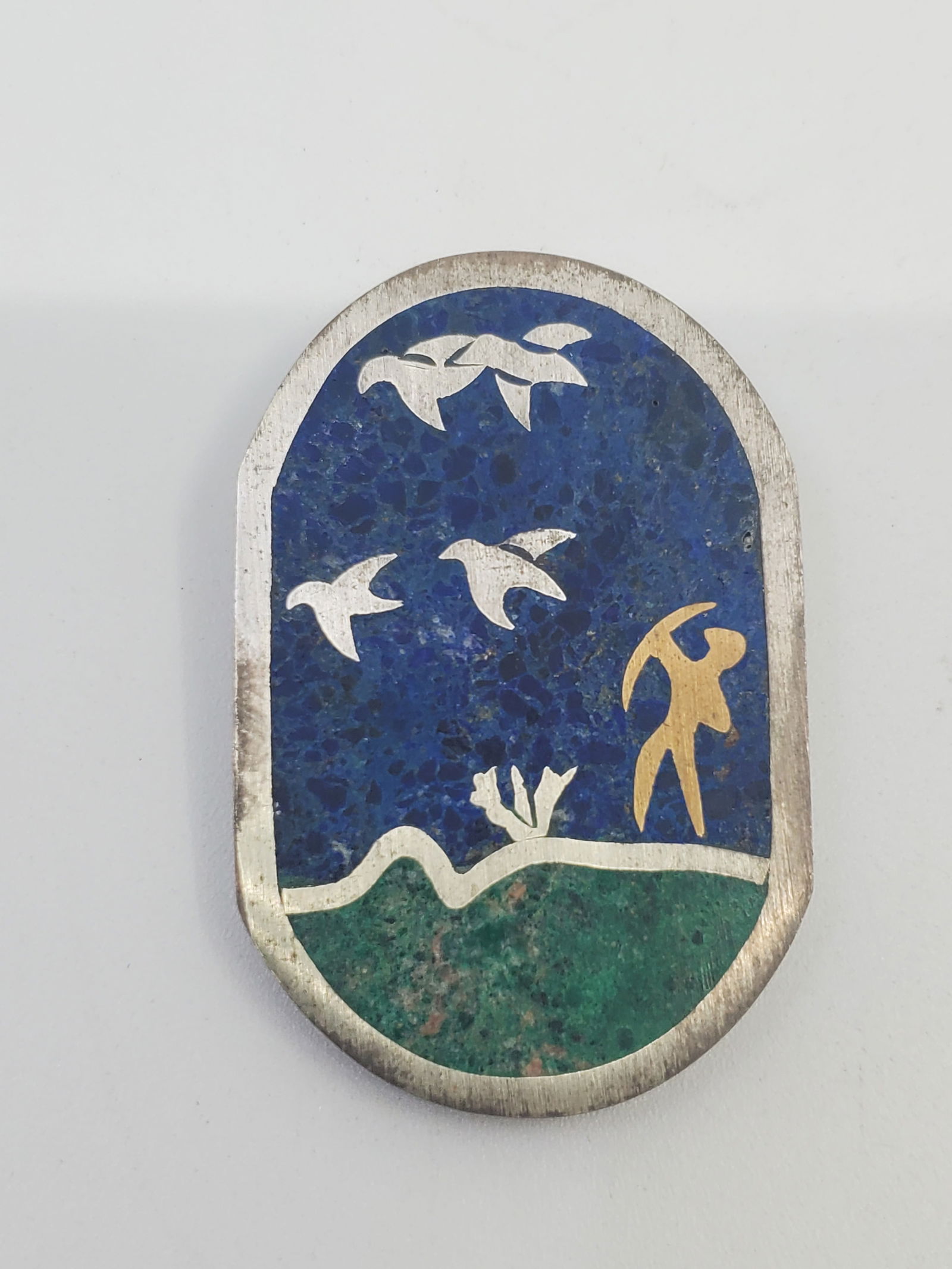 Los Castillo, Mexican Sterling Silver Inlaid Brooch: Sterling Silver Brooch with Inlaid, marked on the back Los Castillo Mexico 9251 3/4" x 1 1/4"Weight: 20,4 g