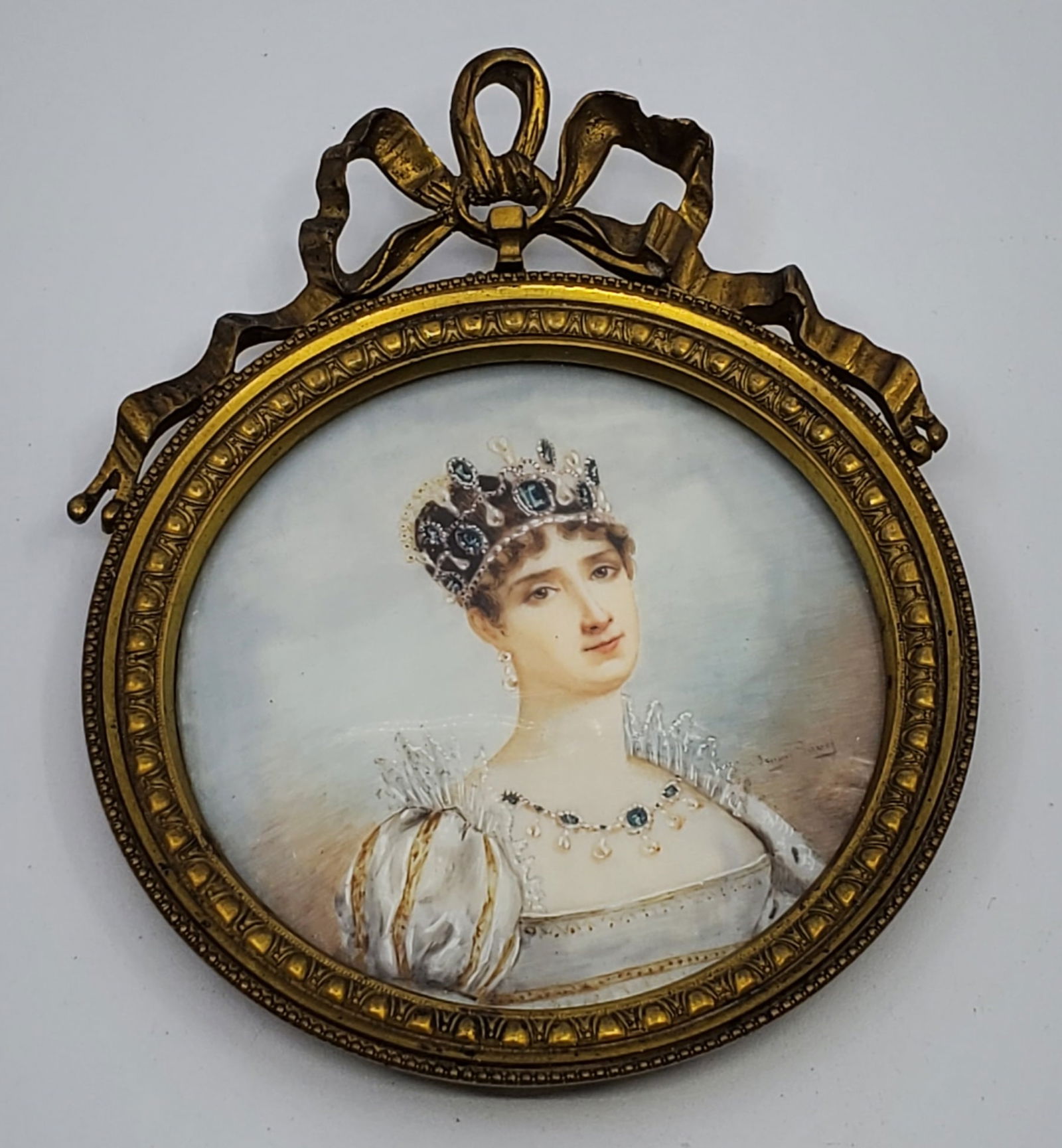 Large Antique Painted Crowned Lady's Portrait Pendant, Framed (1 of 4)
