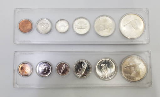 CANADA 1867-1967 Lot of 2 Special Commemorative Coin Sets: For Canada's Centennial, The mint designed special one year types for all the regular circularing coins. This lot comprises two complete sets, with all coins in uncirculated condition. The dollars and