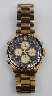 SEIKO Sports 150 Chronograph Quartz Mens Watch: Needs a new battery, so not verified. 38 mm diameter, Gold plated stainless steel, with much of the plating worn off on the bracelet.